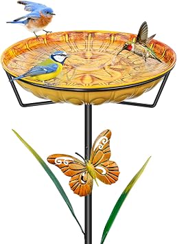 35In Metal Bird Bath for Outdoors, Easy to Clean Birdbaths with Removable Bowl Stable Upgrades Stake, Freestanding Bird Baths Feeder Bowl for Outdoors Garden Patio Yard Lawn Decor Yellow