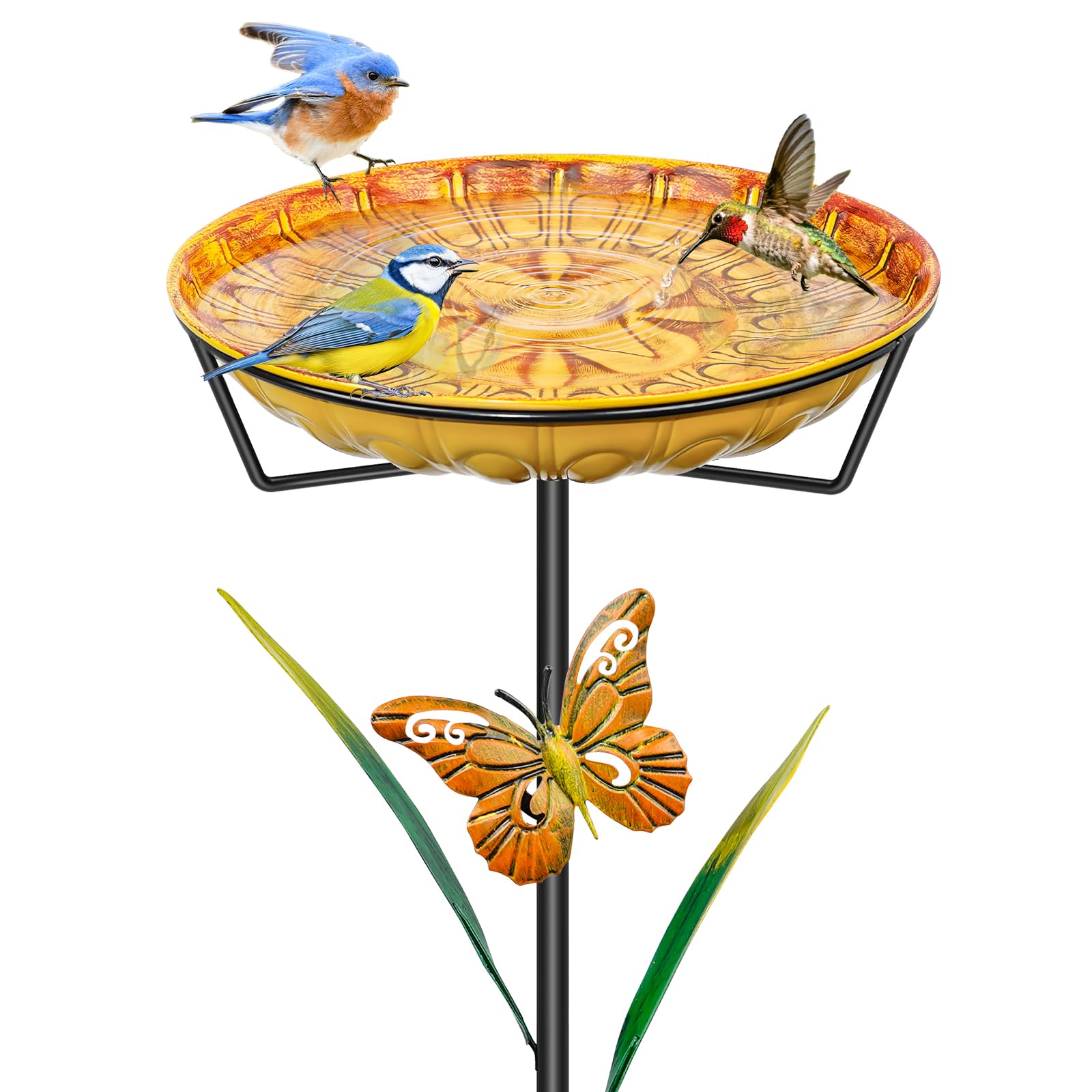 FaloStwer Metal Bird Bath for Outdoors, Easy to Clean Birdbaths with Removable Bowl Stable Upgrades Stake, Freestanding Bird Baths Feeder Bowl for Outdoors Garden Patio Yard Lawn Decor (Yellow)