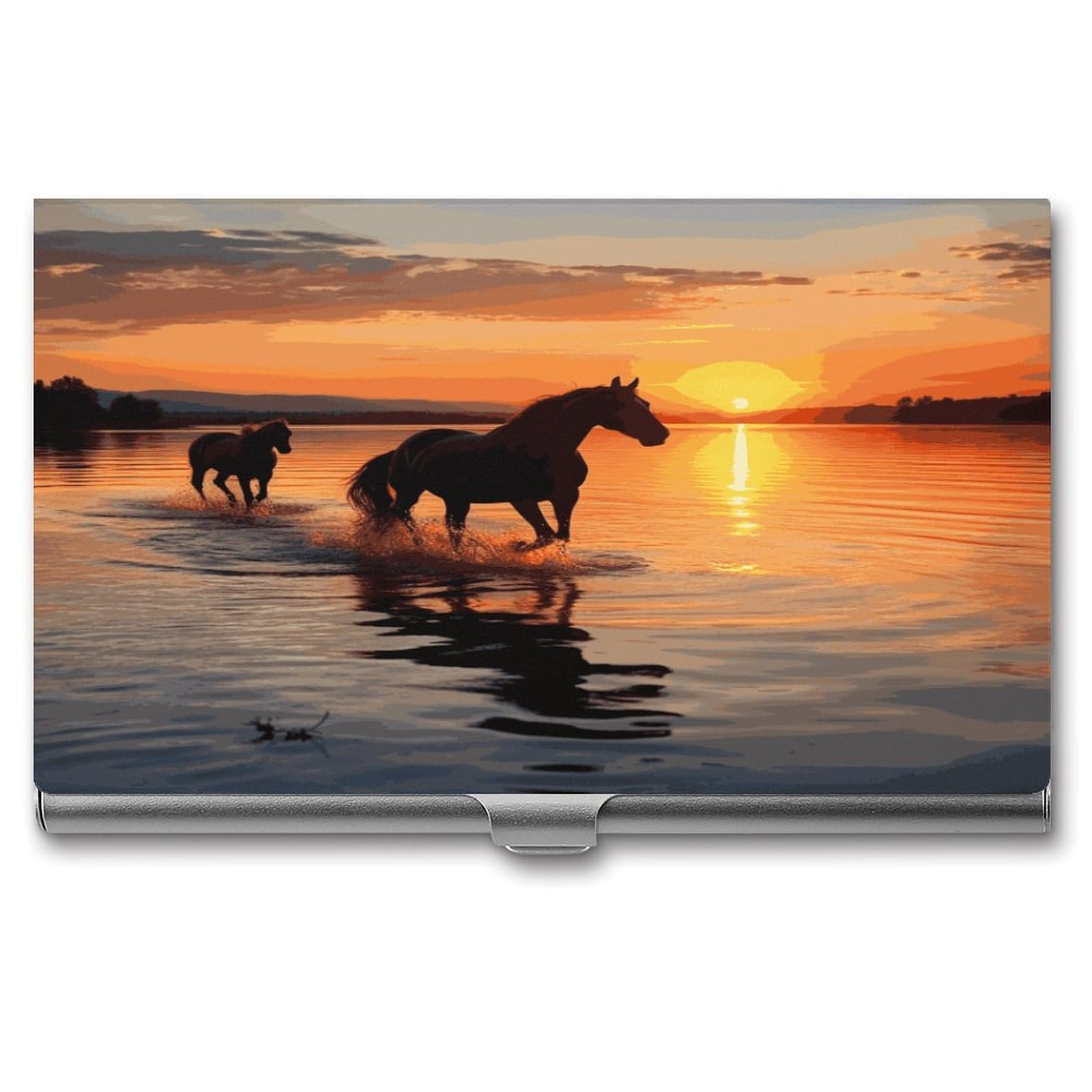 JTREHY Sunsets Lake Horses Business Card Holder Slim Purse Name Card Holder Portable Metal Business Card Case Wallet Large Capacity Lightweight Business Card Case for Men Women