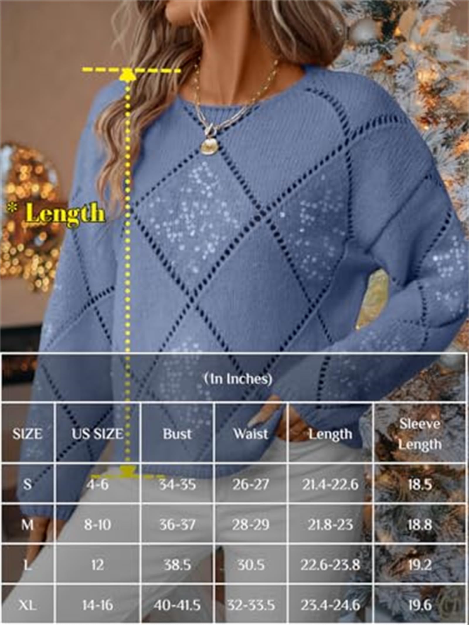 Generico Maglione da Donna in Maglia Traforata con Paillettes Scintillanti, Girocollo, Maniche Lunghe, vestibilità Ampia, Blusa Casual per Primavera/Autunno e Feste.