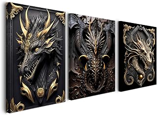 Framed Wall Picture Set 30 x 40 cm Set of 3 Dragon Gold Black Canvas Pictures for Living Room Bedroom Kitchen Office Vintage Wall Picture with Hook Nails and Magic Fastening Ready to Hang 30 x 40 cm Dragon 01