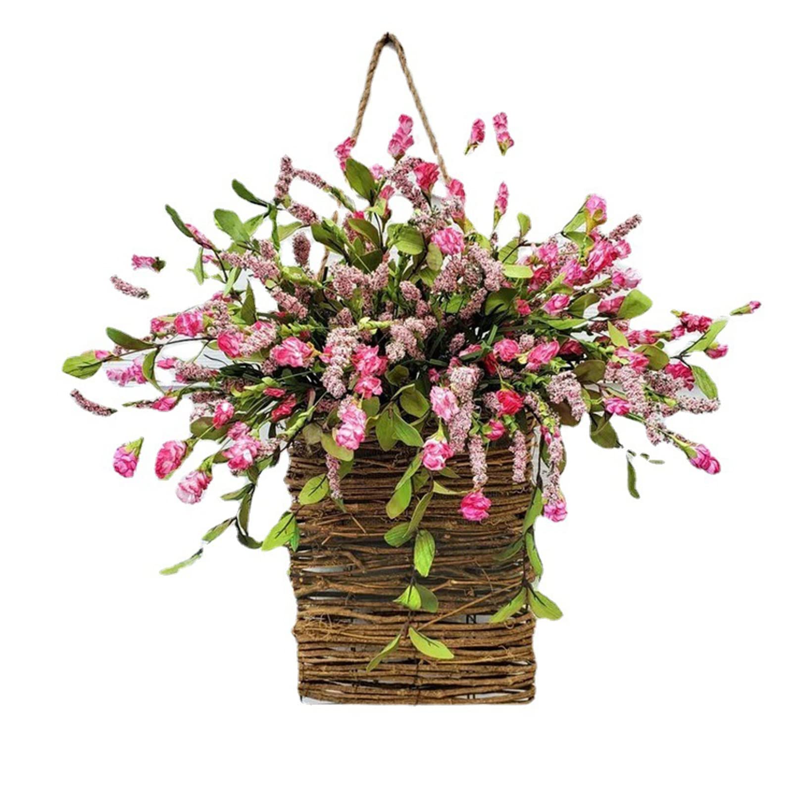 Cream Hydrangea Door Hanger Basket Wreath for Front Door Wildflowers Door Hanging Basket Wreath Artificial Spring Wreath Welcome Sign(A)