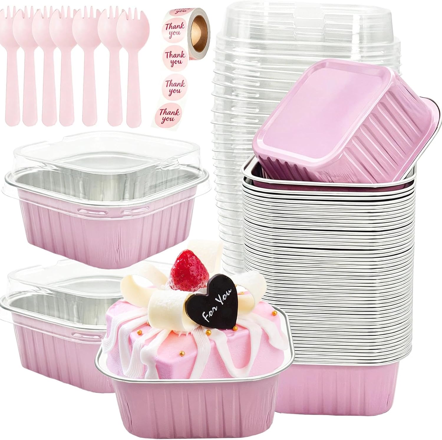 50 Pcs Pink Disposable Aluminum Foil Mini Cake Pans With Lids Spoons, Square Individual Baking Cups Dessert Containers For Party Picnic Wedding Baking