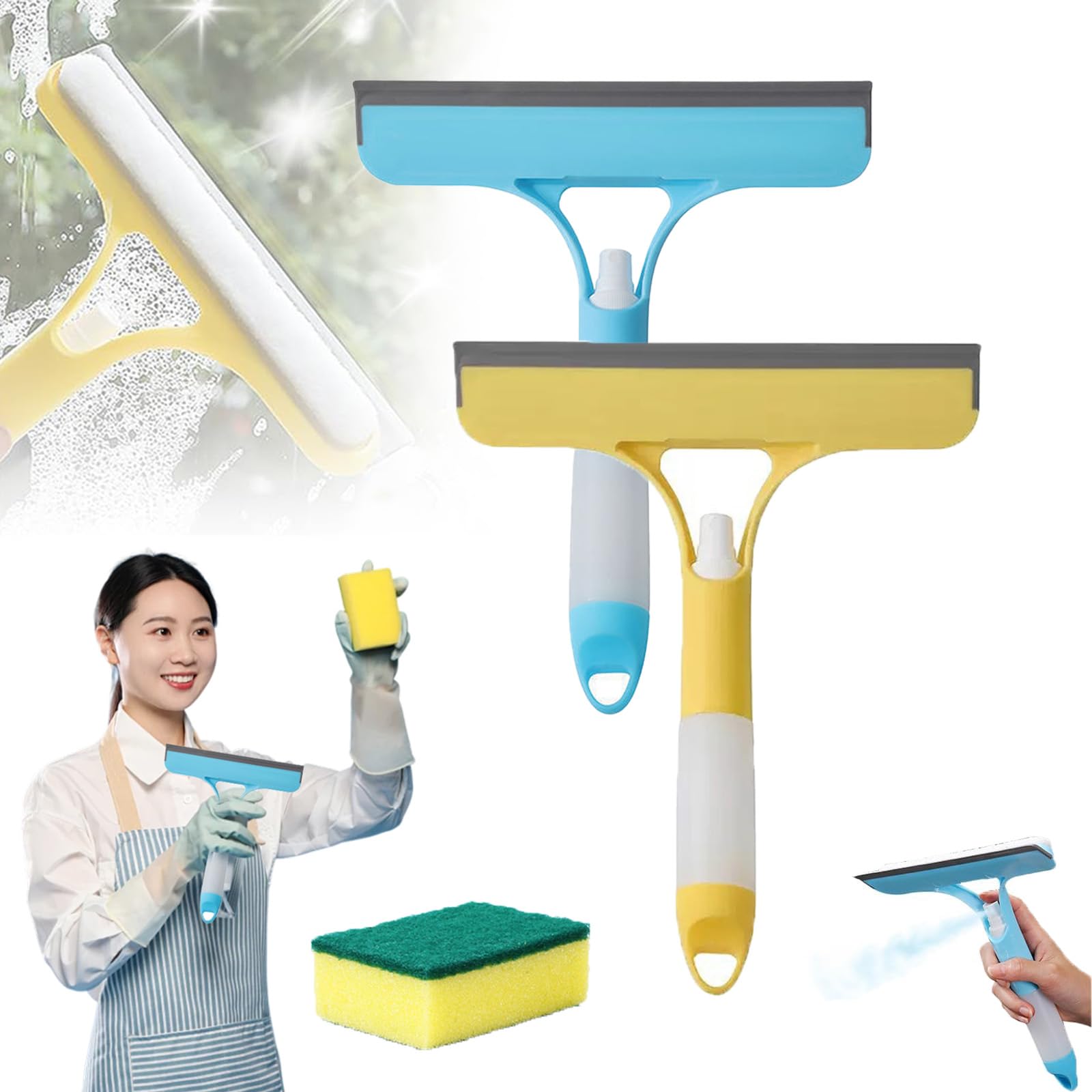 Snrtevu Yellow+Blue 3 In 1 Window Cleaning Scraper, Window Shower Squeegee With Spray, Multipurpose Windows Cleaner Tool, Easy To Clean Without Streaks, For Windows, Walls, Car Windshields, Kitchens (Yellow+Blue)