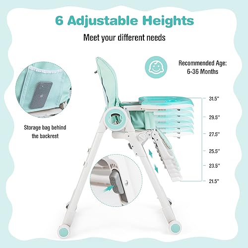 Miniatura 2 de BABY JOY Silla alta para bebés y niños pequeños, silla alta plegable con respaldo/reposapiés/altura del asiento, bandejas dobles extraíbles, cojín