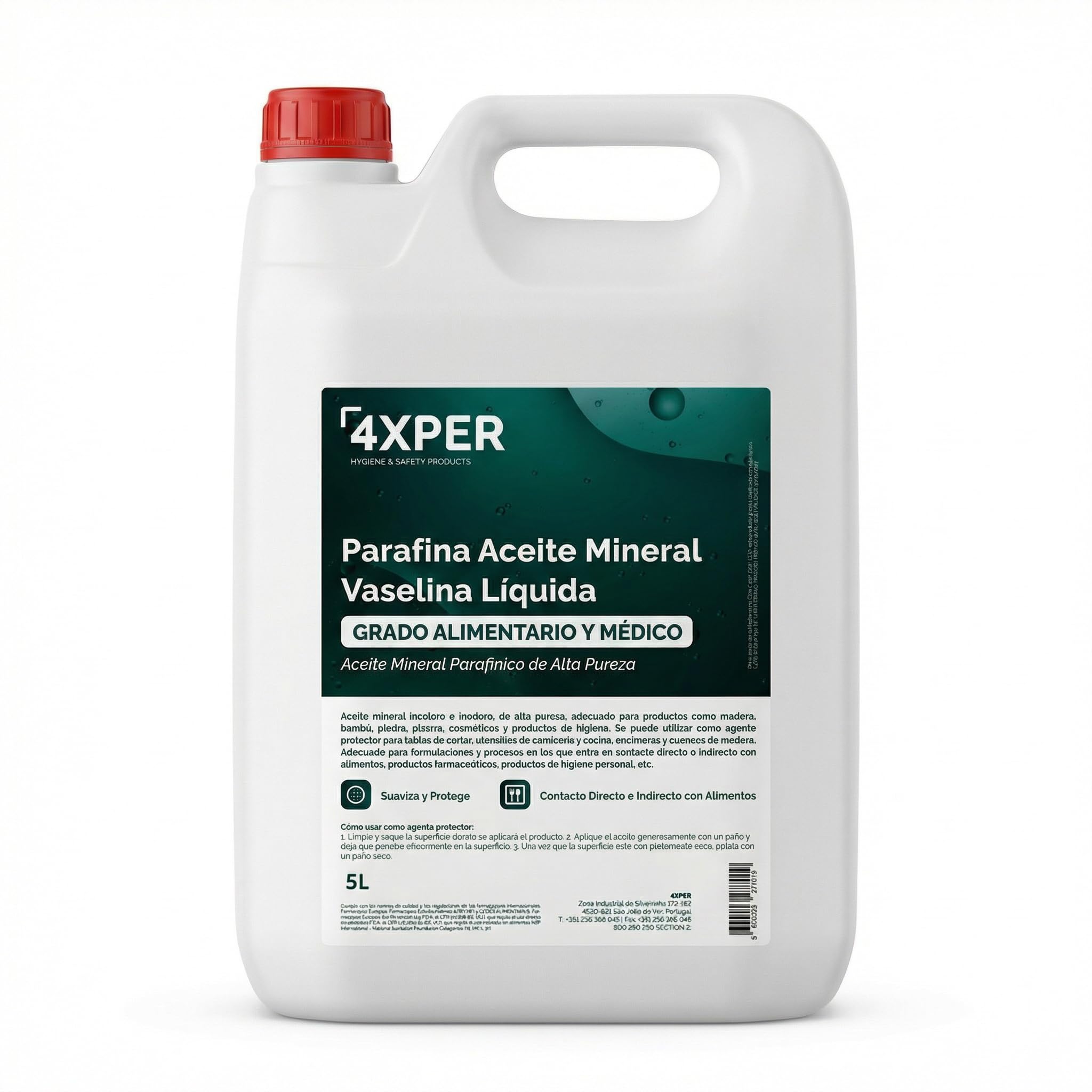 Aceite Mineral Alimentario 5L – Parafina Líquida/Vaselina Líquida Grado Alimentario y Médico – Alta Pureza, Incoloro e Inodoro – Para Madera, Bambú, Cocina y Formulación Cosmética