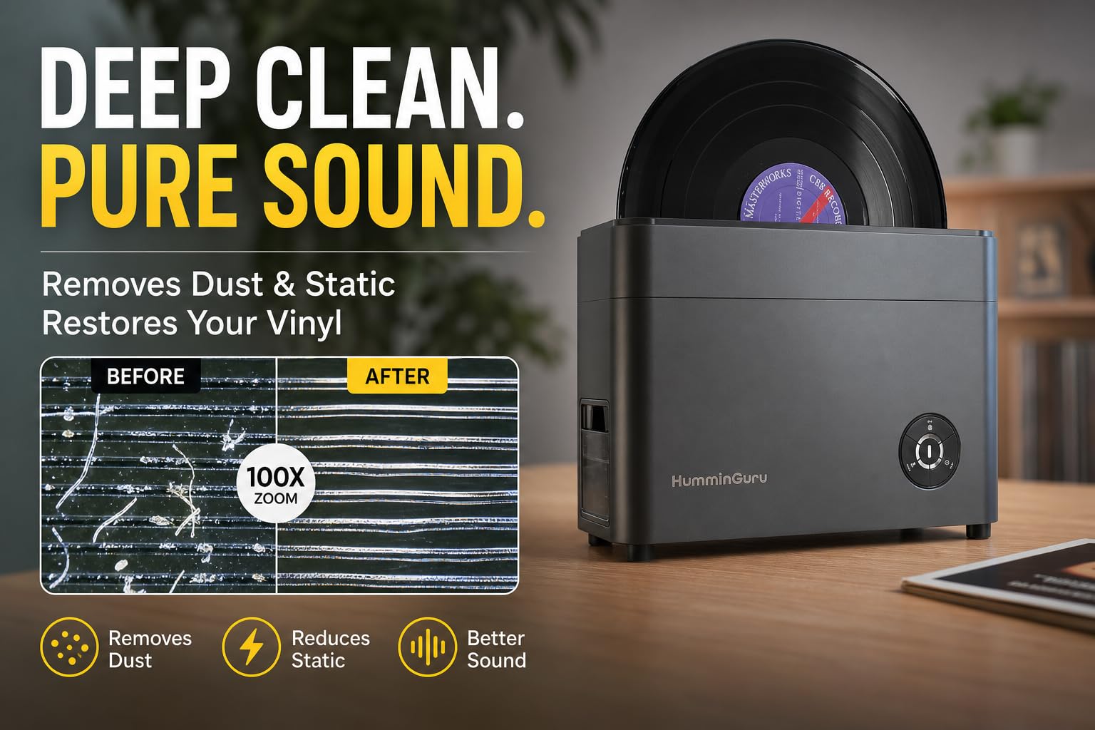 HumminGuru Limpiador ultrasónico de Discos de Vinilo: Limpieza ultrasónica de Discos de Vinilo a 40 kHz con Secado automático, Kit de Limpieza de Discos de Vinilo con filtros (HG01, 7/10/12 Pulgadas)