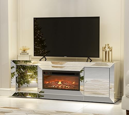 IKIFLY Soporte de TV con chimenea de espejo para TV de más de 65 pulgadas, soporte de TV con chimenea, calentador independiente de mantel plateado
