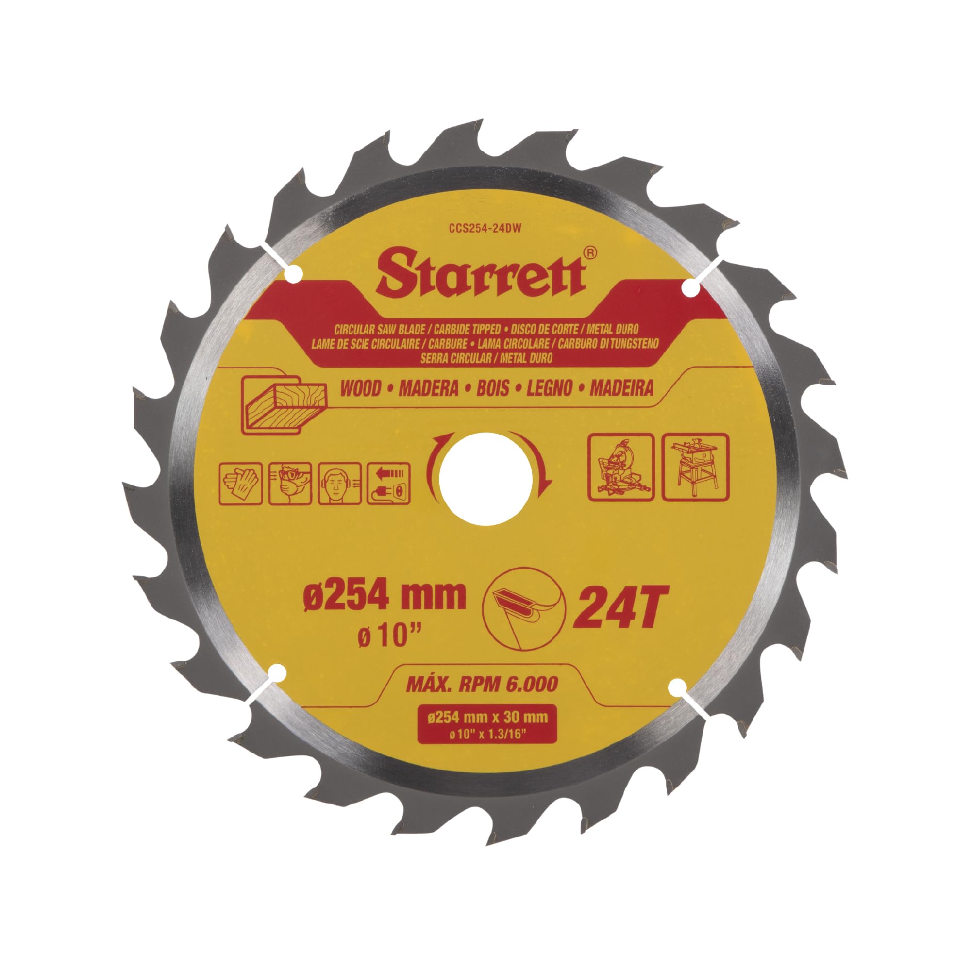 Starrett Lame de scie circulaire TCT 254 mm pour bois, 24 dents, alésage 16/19/25/30 mm