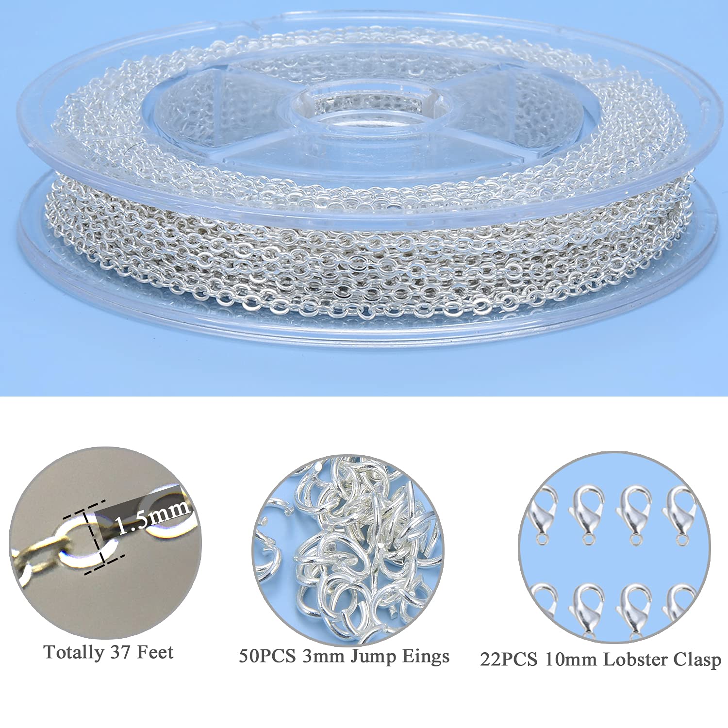 AKHAT - Necklace Chains for Jewelry Making Solid Copper Silver Plated with 22 Lobster Clasps and 50 Jump Rings(37 Feet Silver Chain, 1.5mm) ÿ