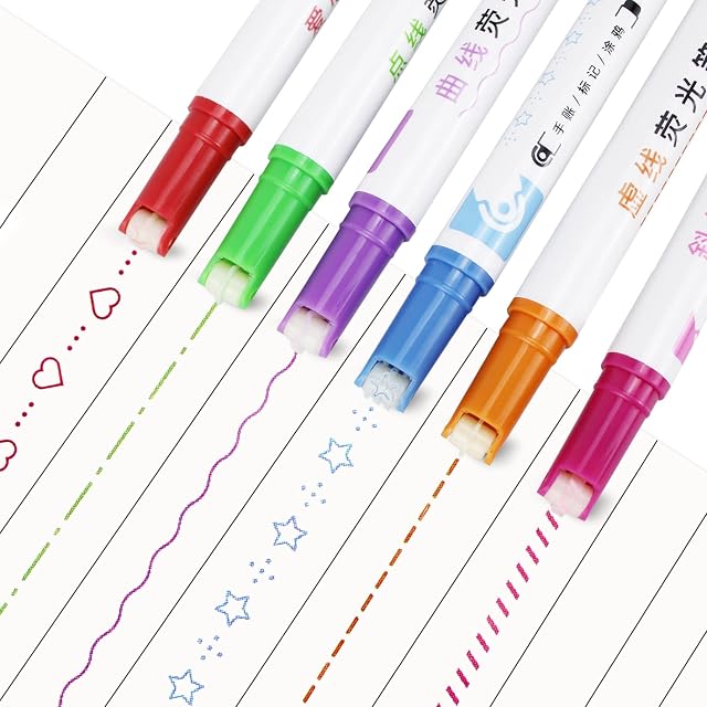 6PCS Curve Highlighter Pen Set, QMET Colored Curve Pens, Highlighter Markers Assorted Colors for Writing Note Taking Drawing Scrapbook Art Office School