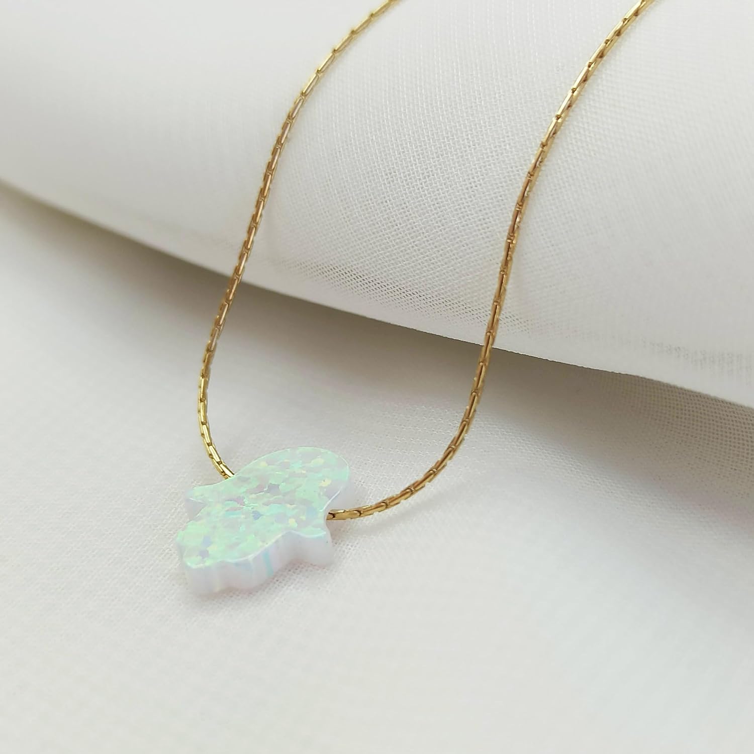 Delicate 14K Gold Filled Opal Hamsa Choker Necklace - Delicate Thin Gold Chain with Sparkling White Opal Hand Charm for Modern Protection