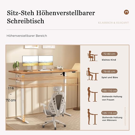 Klicelor Height-adjustable desk 100 x 60 cm with 2 storage spaces Electric Desk Standing Desk with Collision Protection 70 kg Load Capacity Computer Desk Home Office Light Brown