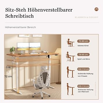 Klicelor Height-adjustable desk 100 x 60 cm with 2 storage spaces Electric Desk Standing Desk with Collision Protection 70 kg Load Capacity Computer Desk Home Office Light Brown