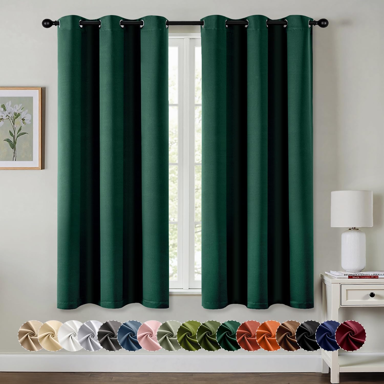 MIULEE Hunter Green Blackout Curtains for Bedroom Living Room 63 Inches Long 2 Panels, Thermal Insulated Room Darkening Drapes Solid Grommet Top Noise Reduction Emerald Green Curtains 40x63 Inch 40"W x 63"L (Pack of 2) Hunter Green