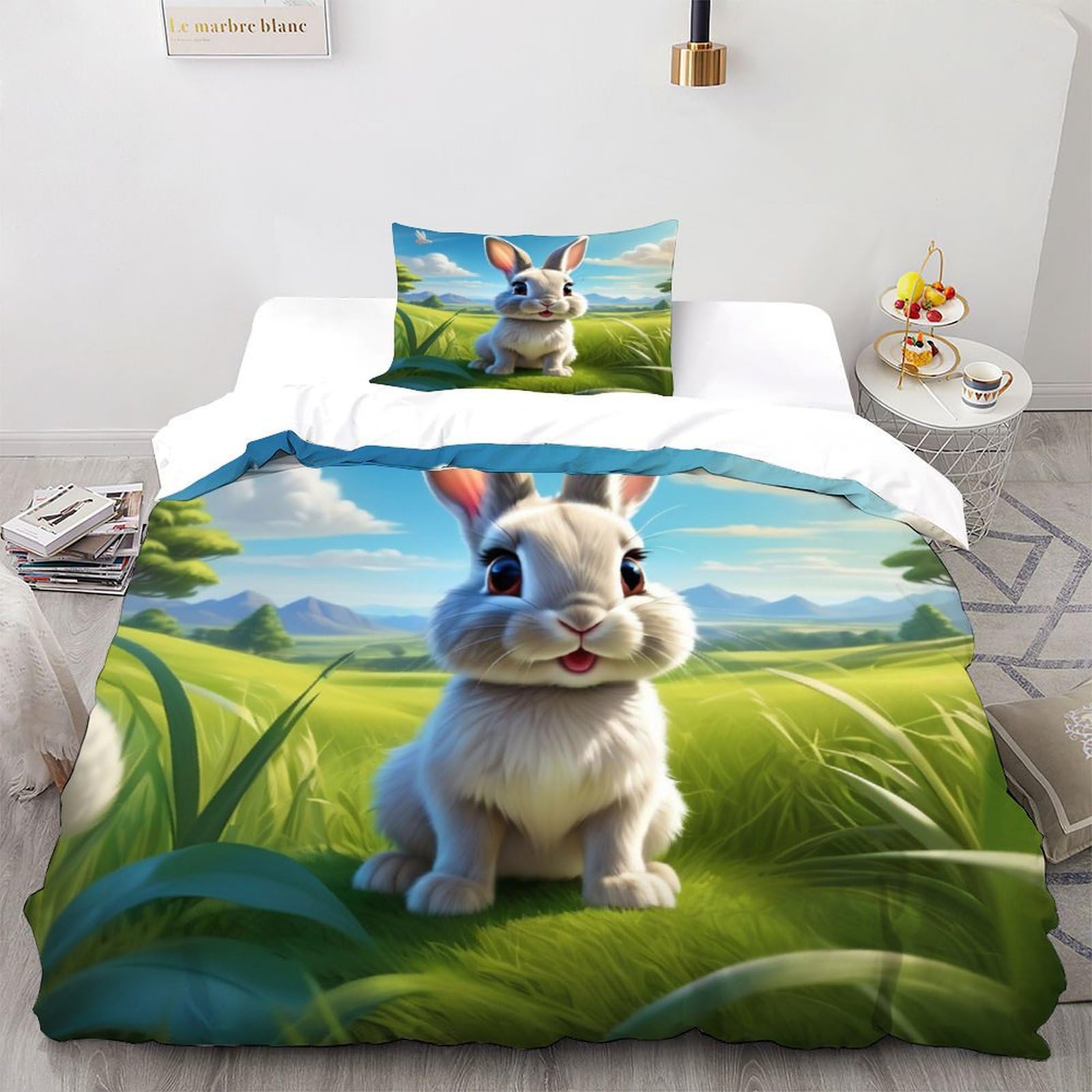 Parure de couette lapin gris en microfibre 135x200cm avec 2 taies d'oreiller