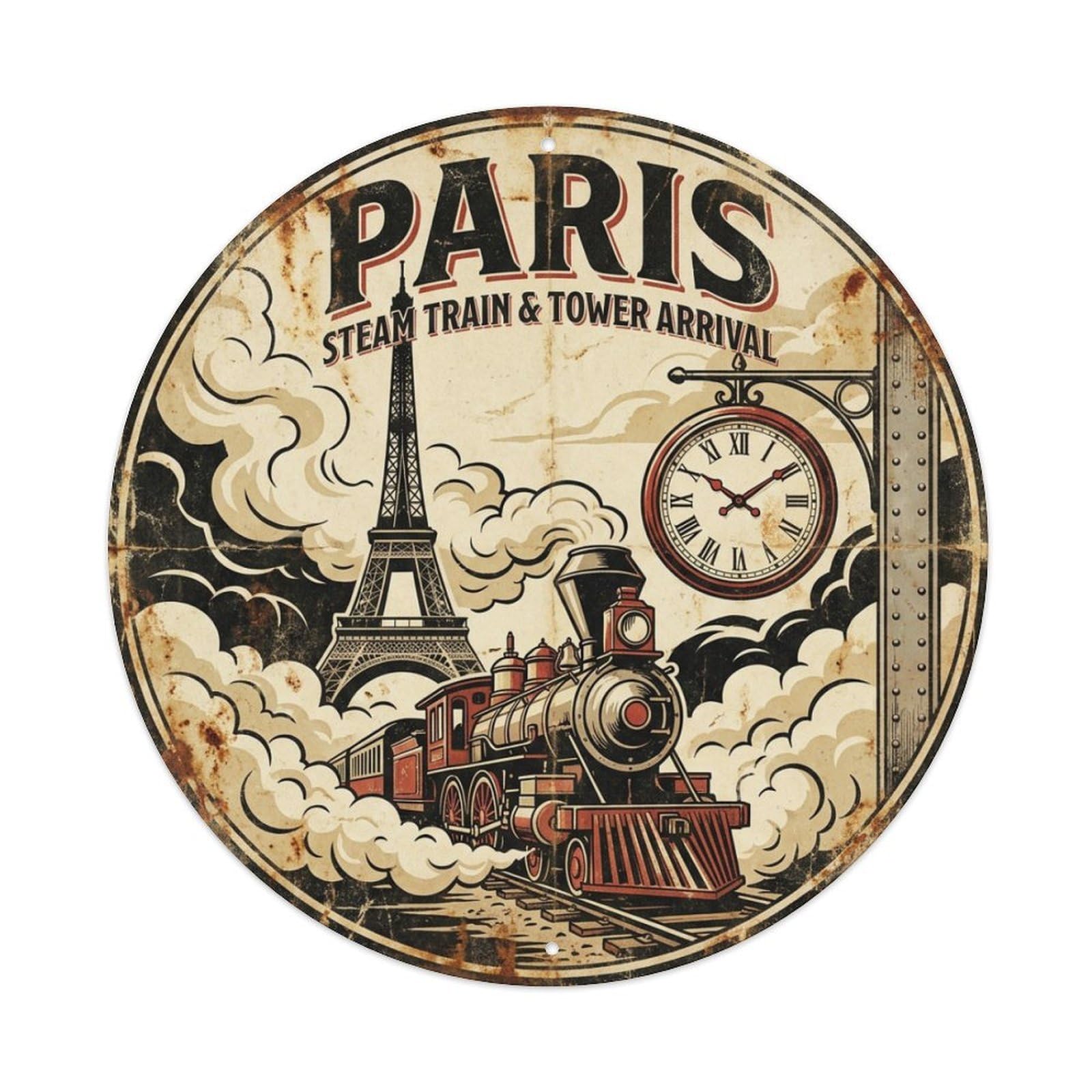 Olhnbad Style Heritage City Paris Steam Train Tower Arrival Travel Metal Tin Sign