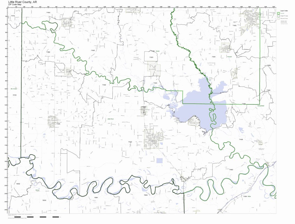 Little River County, Arkansas AR ZIP Code Map Not Laminated