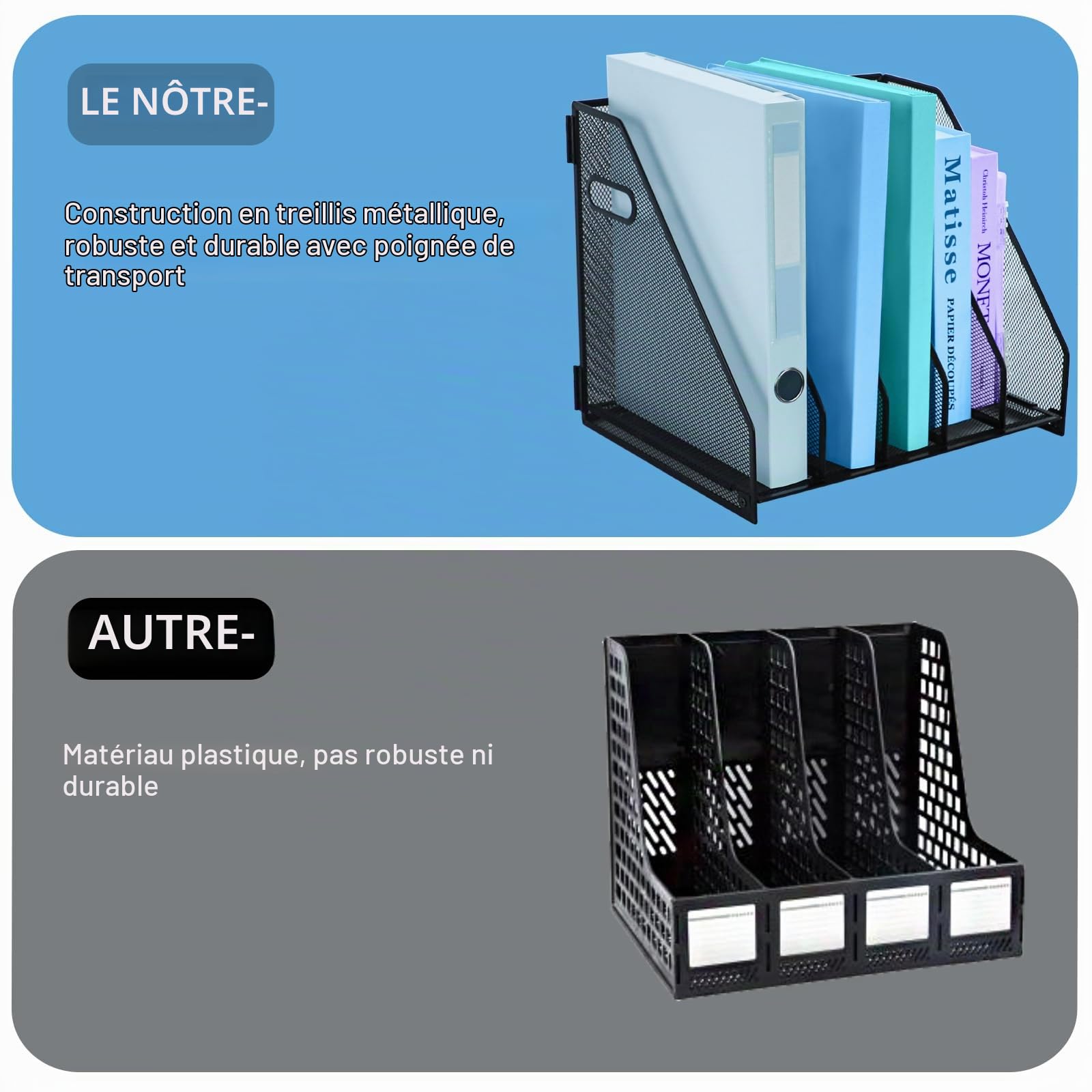 Organiseurs de bureau en métal avec 5 compartiments verticaux pour dossiers, classeurs, organiseurs de documents pour la maison, le bureau et la salle de classe,noir