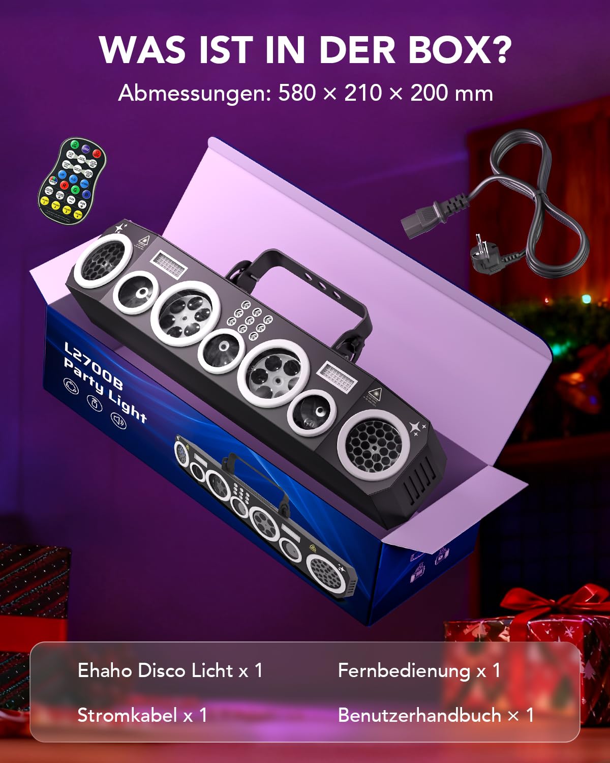 KeoBin All-in-One Schneeflocken Discolicht partylicht mit RGB & UV | Rotierende Muster, Musiksteuerung, Strobe, 3 Soundmodi, 4 Auto-Programme, DMX512, Party, Bar, Club & Weihnachtsdeko