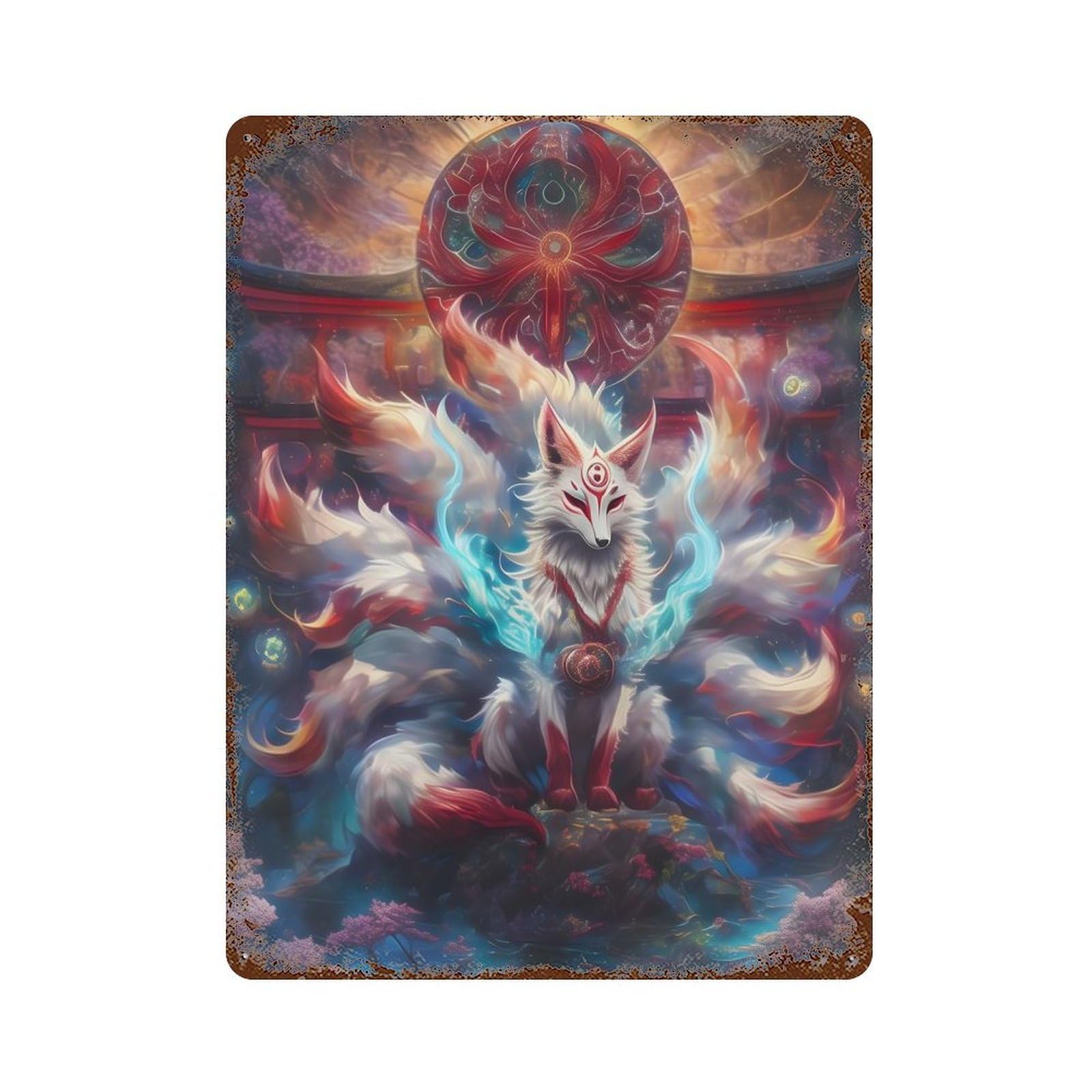Rust Effect Nine-Tailed Fox Spirit Rusty Metal Tin Sign 15.7"x11.8", Industrial Home Decor for Living Room, Hallway And Home Decor
