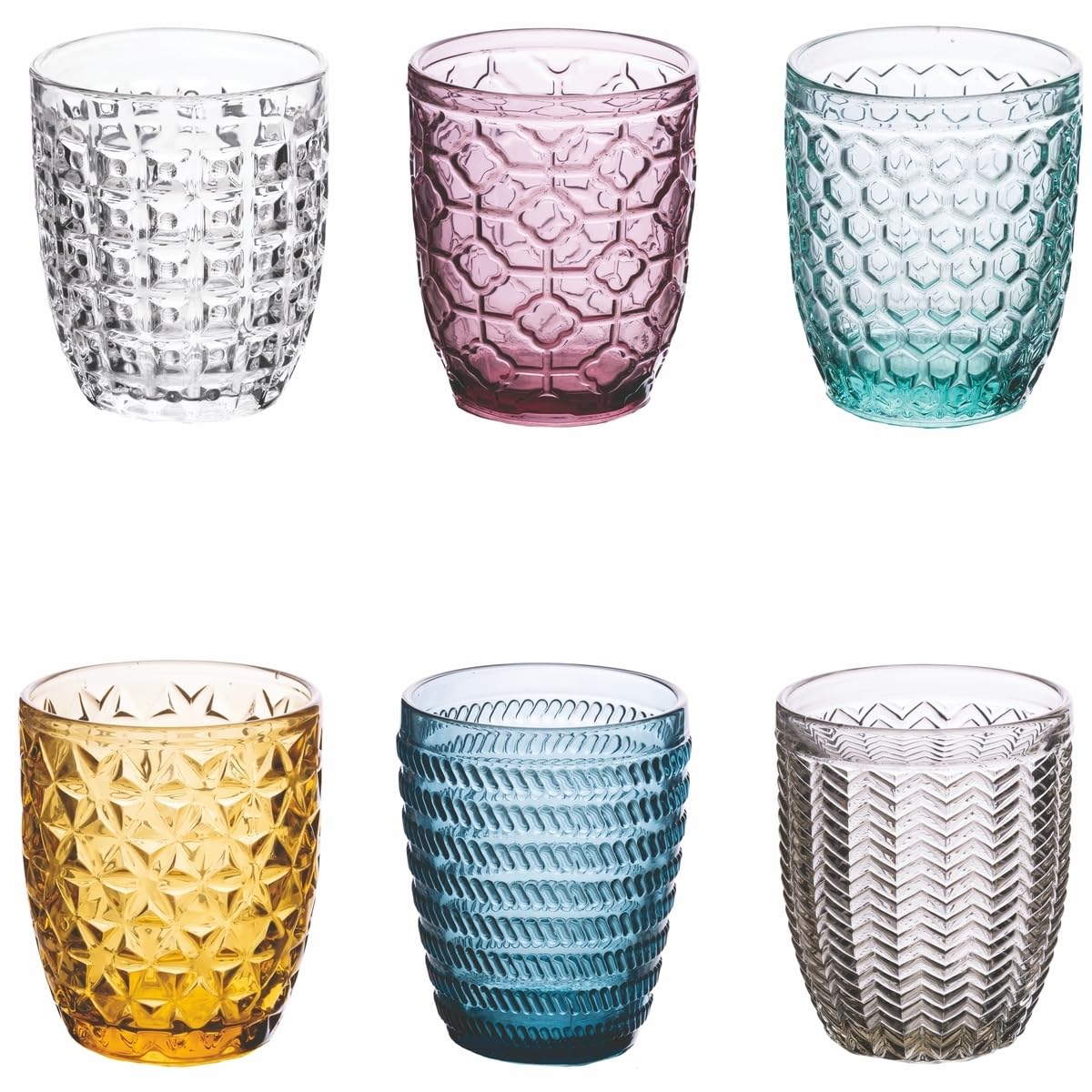 Villa d’Este Home Tivoli Geometrie Set Bicchieri Acqua in Vetro colorato con Lavorazione a Rilievo, 300 ml, Multicolore, 6 unità (Confezione da 1)