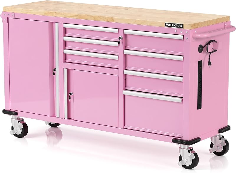 WORKPRO Cofre para herramientas con ruedas de 62 "x 20", 7 cajones y 2 puertas, rosa | Gabinete de herramientas de 1000 libras de capacidad con banco de trabajo de madera, regleta, sistema de bloqueo y topes protectores en las esquinas