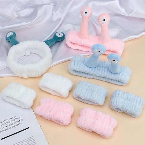 Miniatura 6 de Canitor 9 muñequeras de spa de caracol para lavar la cara, suave forro polar coral para maquillaje, diadema elástica con lindos animales, para el