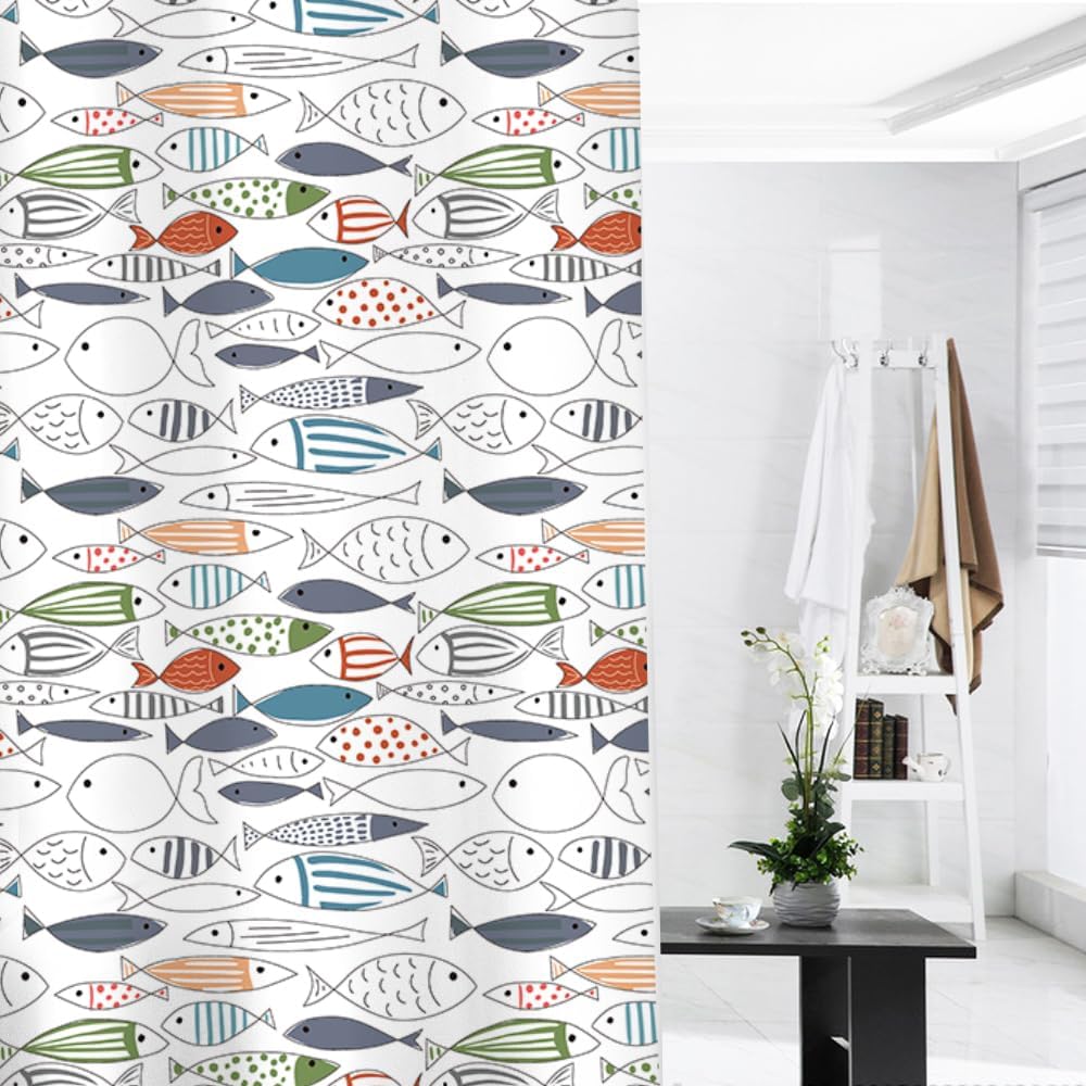 Ocean Animal Modern Multi-Color Fish Art Fish Print Polyester Fabric Waterproof Layer Thickening Shower Curtain 72X72Inches