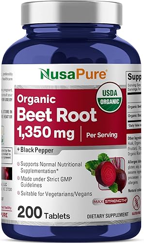 NusaPure Raíz de remolacha 1,350 mg 200 comprimidos orgánicos (vegetariano, USDA, sin OMG y sin gluten) Pimienta negra