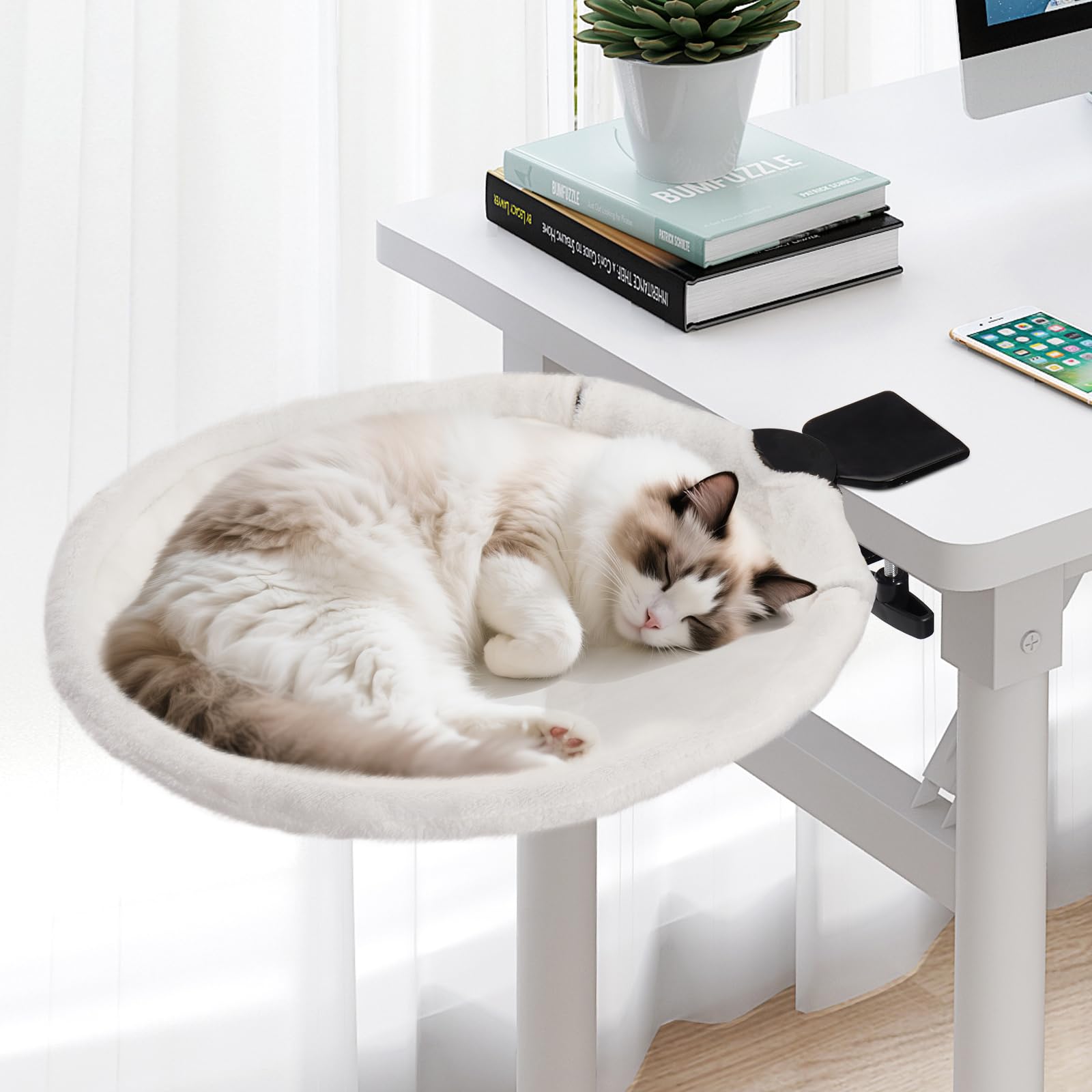Uross Cat Desk Bed, 180° Rotating Soft & Comfortable Rabbit Fur Bed