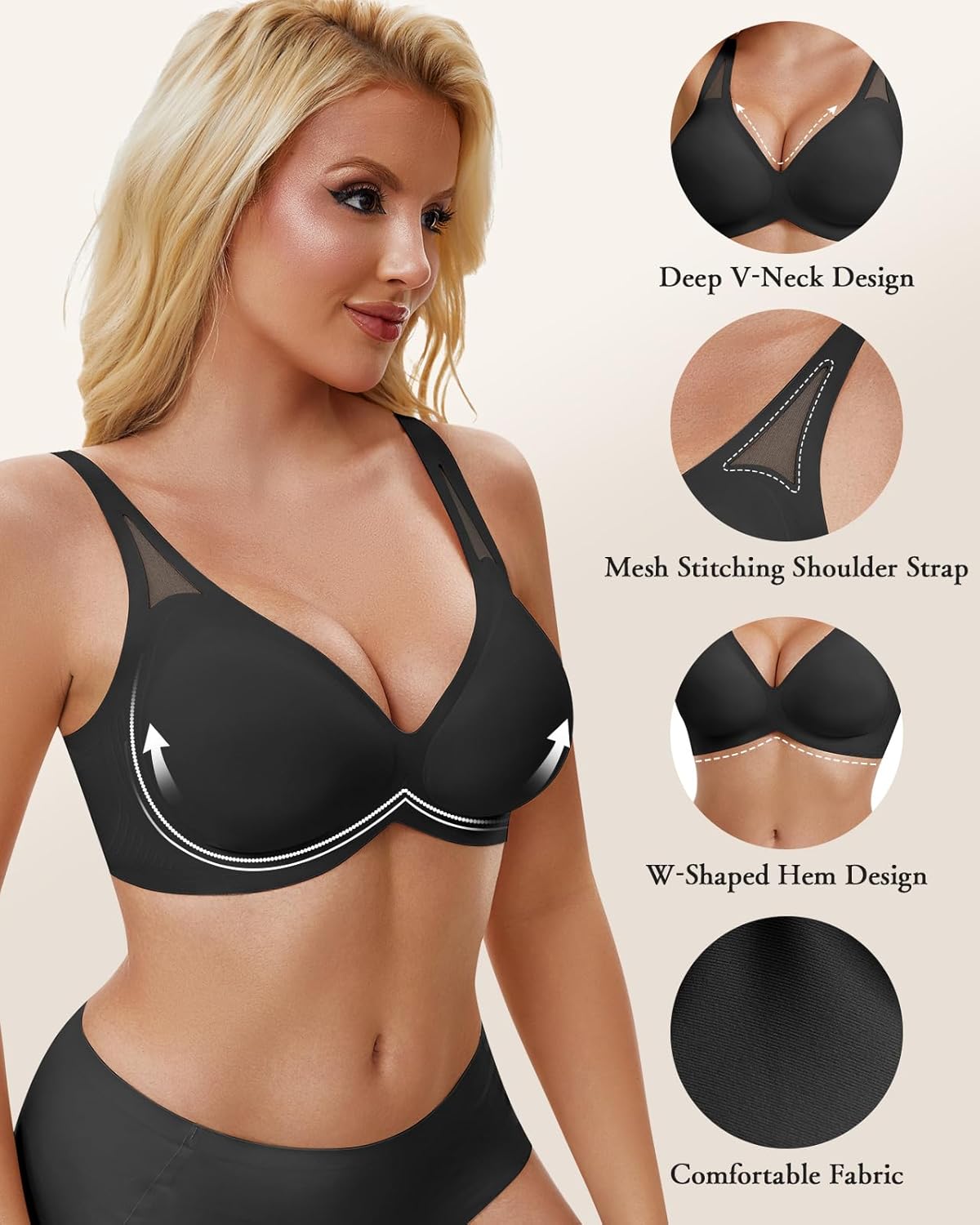 Wireless Full Coverage Seamless Bra for Women, Back-Smoothing Support Lift, Wide Straps