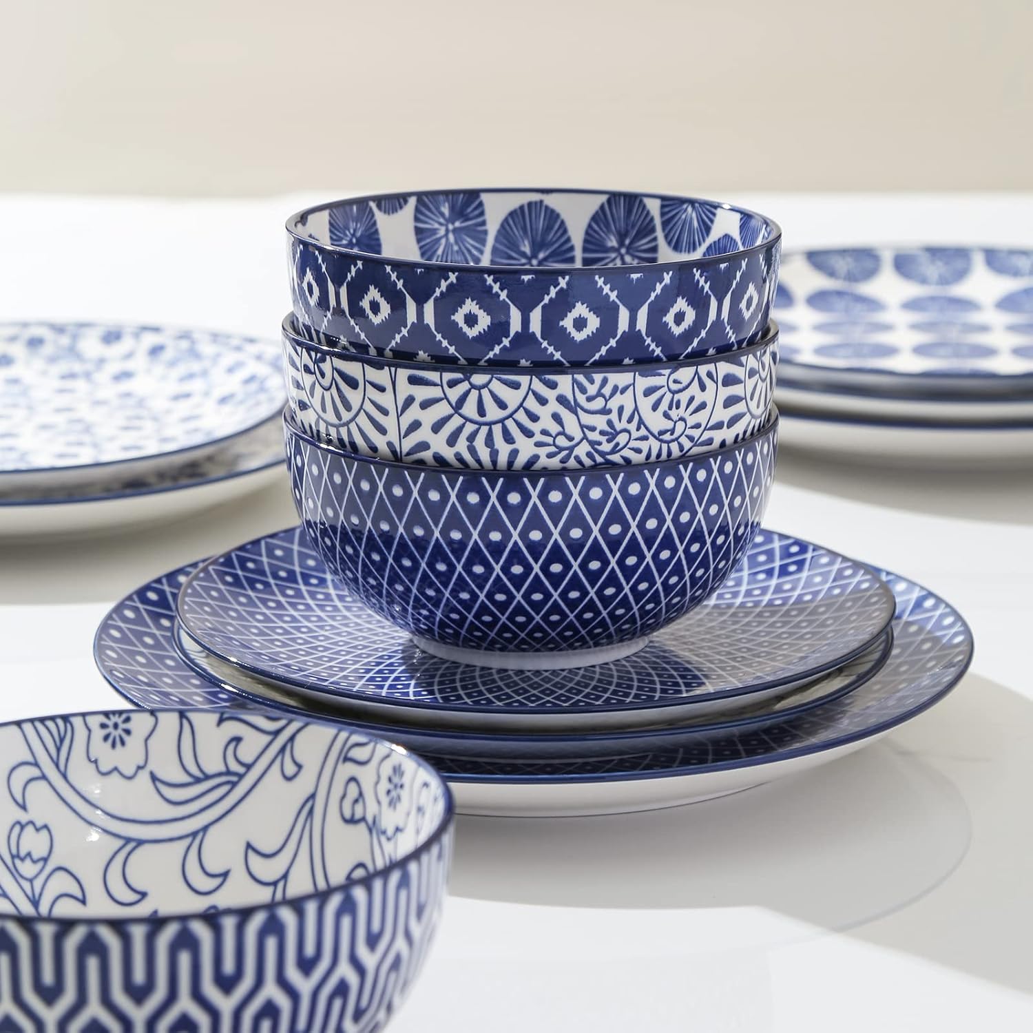 Selamica Ceramic Dinnerware Sets for 6, 24 Piece Plates and Bowls Sets, Scratch Resistant Dishes Set-Dishwasher & Microwave & Oven Safe, Vintage Blue - Image 2