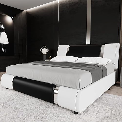 Miniatura 35 de TTVIEW Moderna base de cama tapizada de piel sintética con decoración de metal de hierro, cabecera curvada ajustable, soporte de listones de madera,