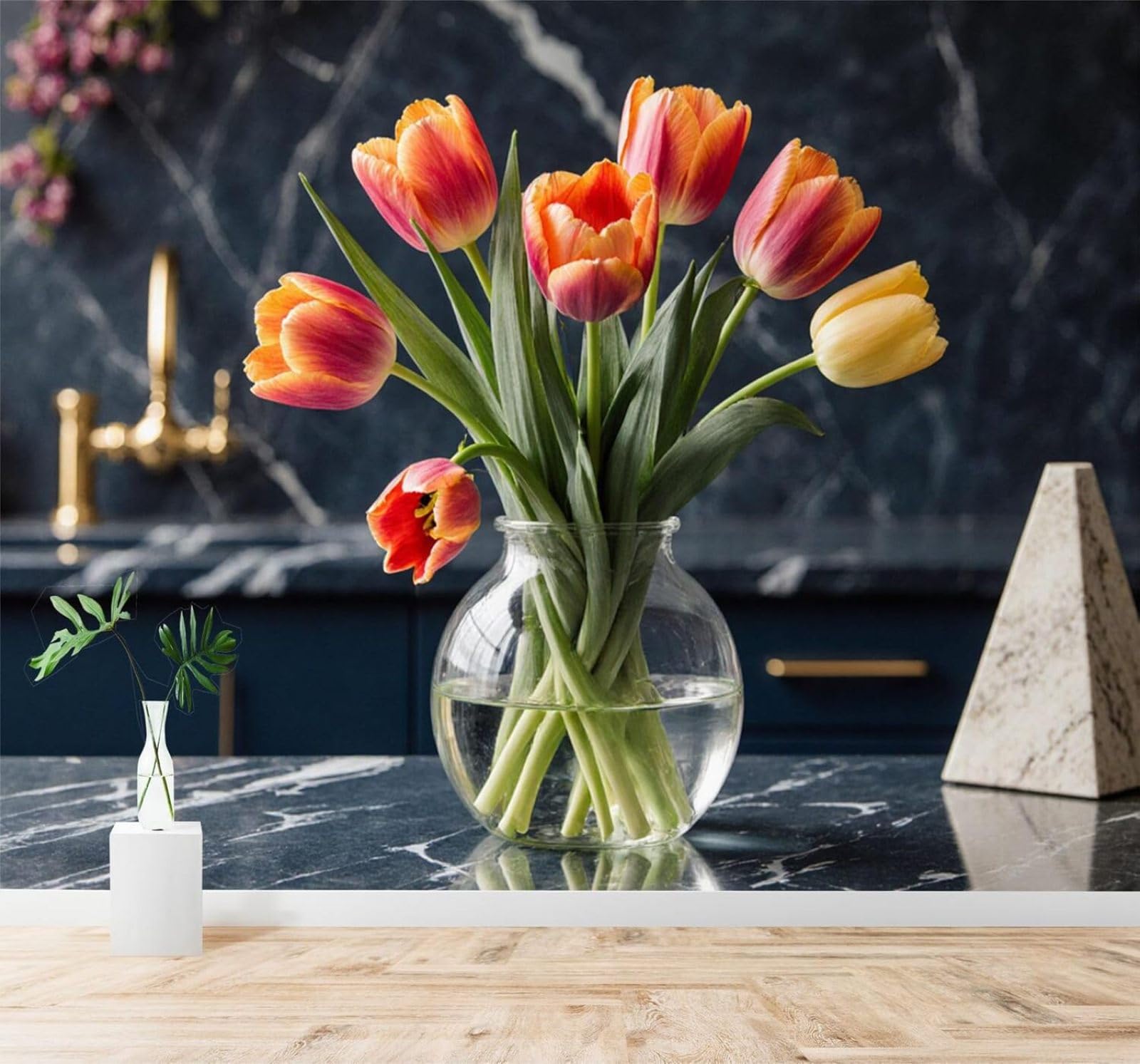 Xlming 350Cm×256Cm(B×H) Three Dimensional Orange Yellow Tulips Glass Vase Marble Table 3D Wallpaper Silky Texture Home Study Office Grey Dining Room Sofa Bedroom Living Room Tv Backdrop-350Cm×256Cm
