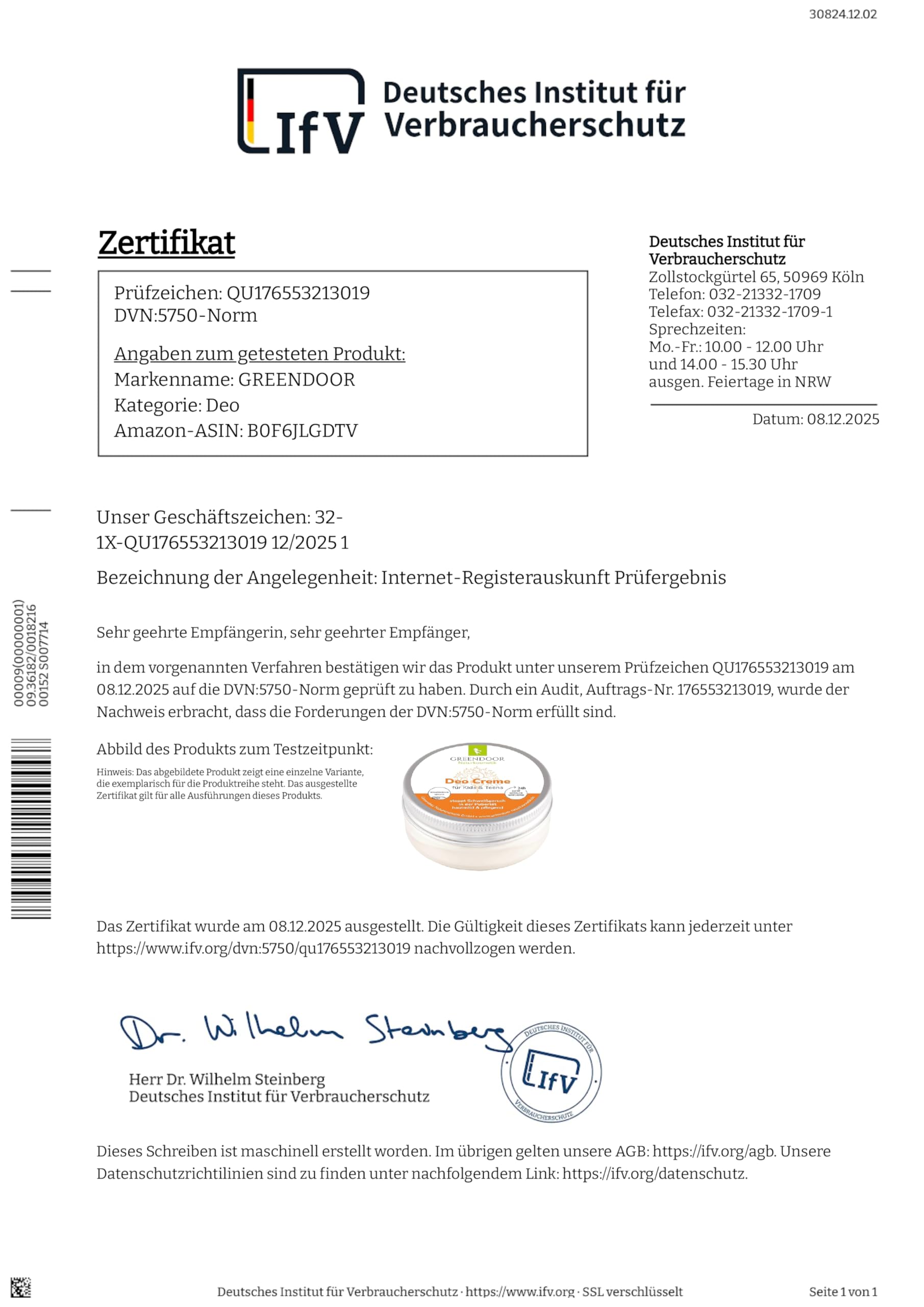 Greendoor Naturalny dezodorant w kremie dla dzieci i nastolatków, 50 ml, wegański, zatrzymuje zapach potu w okresie dojrzewania, łagodny i pielęgnujący, bez soli glinu i alkoholu