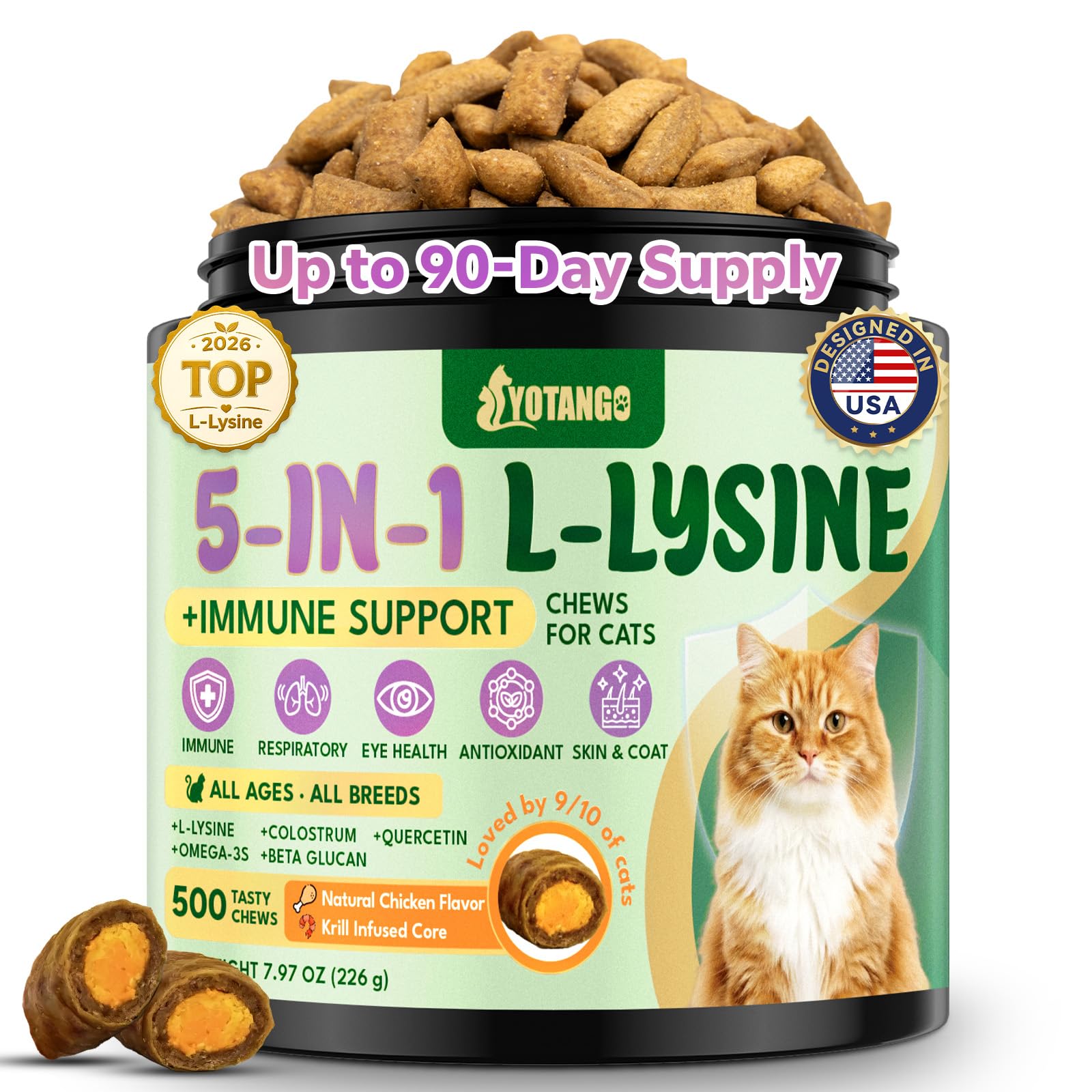 Lysine for Cats, L-Lysine Chews for Cats & Lysine Treats, 500 Chews, Immune Support with L-Lysine Supplement, Colostrum, Quercetin & Omega-3, Respiratory, Sneezing, Runny Nose, Eye, Chicken Flavor