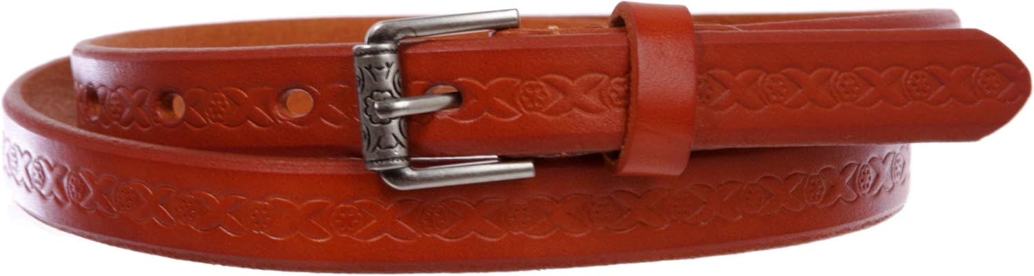 Women's 3/4" (17 mm) Full Grain Leather Embossed Skinny Beveled-Edge Belt