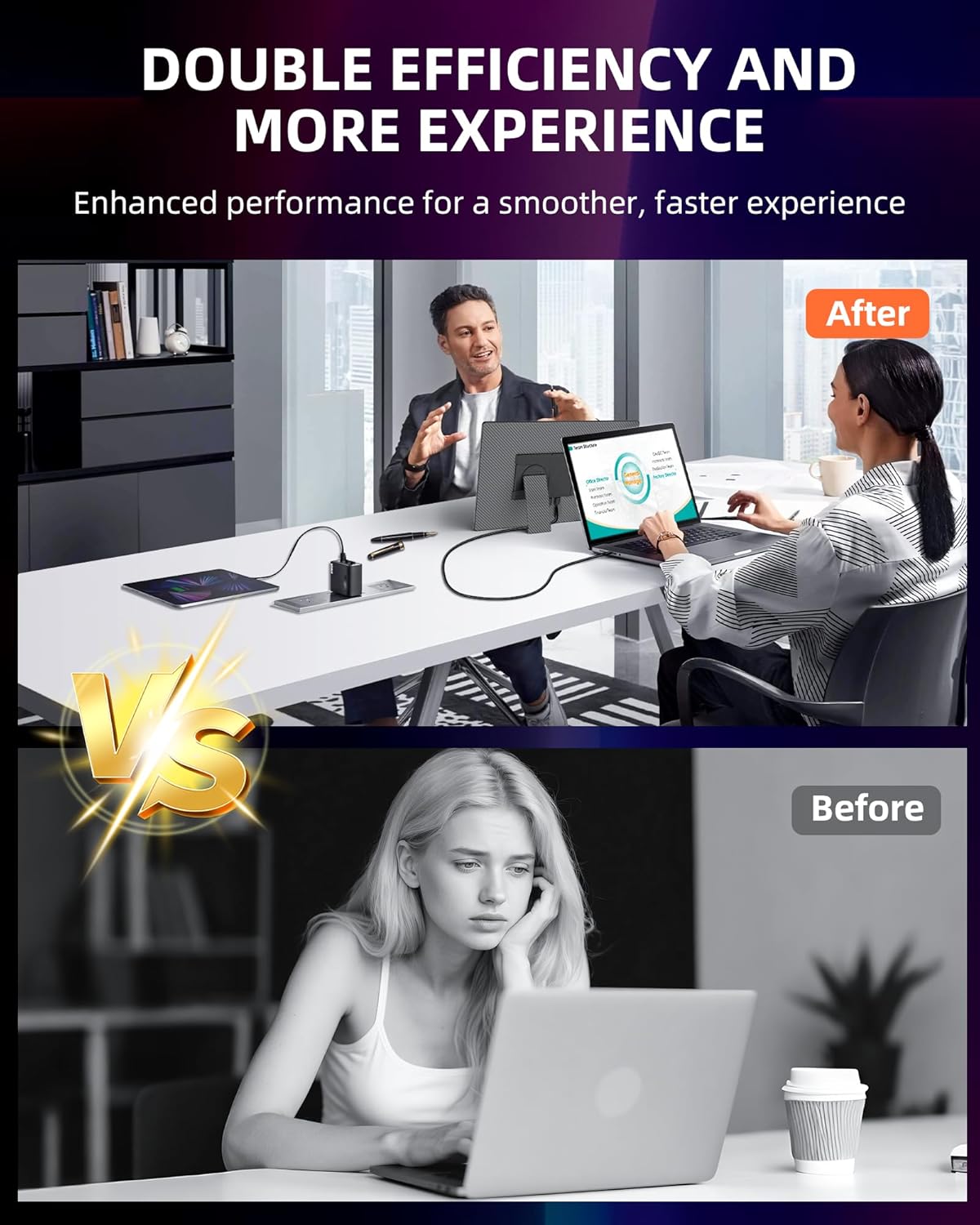 Before and after images showing increased productivity with a second monitor. The 'Before' image shows a person looking bored at a single laptop screen, while the 'After' image shows two people collaborating efficiently with an external monitor setup.