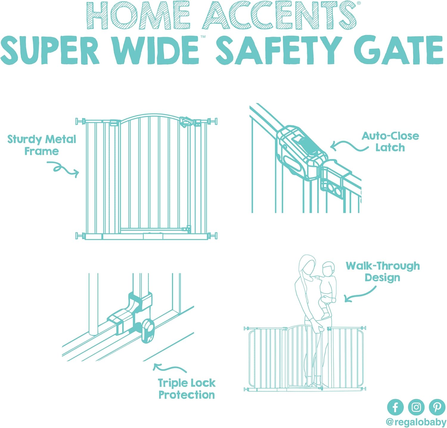 Regalo Safety 30.5-58" Extra Wide Arch Baby Gate with Door, Pressure Mount Walk Through Gate for Doorways & Bottom of Stairs, Babies, Toddlers & Pets, Tested & Safe, American Designed, American Owned