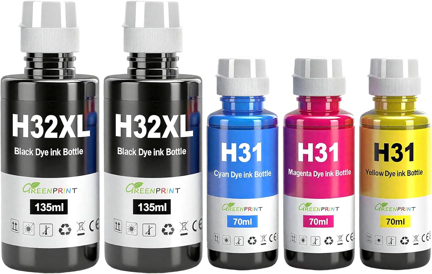 GREENPRINT 31 32XL Ink Bottles Multipack Compatible for H P Smart Tank 5000 5100 5101 5102 5103 5104 6001 6002 7001 7002 7301 7302 7602 Plus 551 570 578 651 Printer (5 Packs 2BK/C/M/Y)