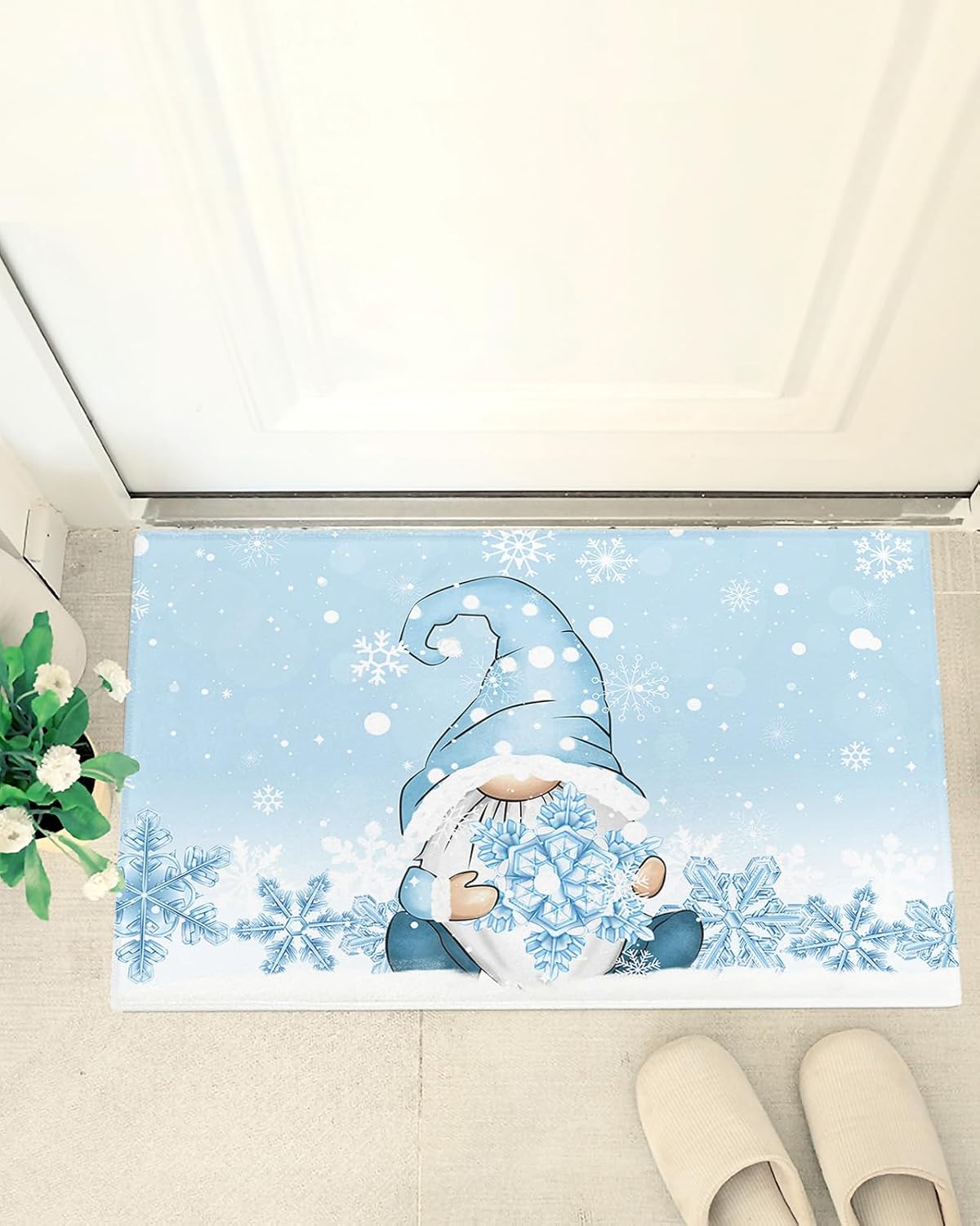 Shag Door Mats Bath Rugs Blue Christmas Gnome Snowflake,Soft Fluffy Doormats Non Slip Carpet Xmas Dwarf Snow,Shaggy Fuzzy Area Throw Rug for Kitchen/Bathroom/Bedroom/Living Room 16x24In