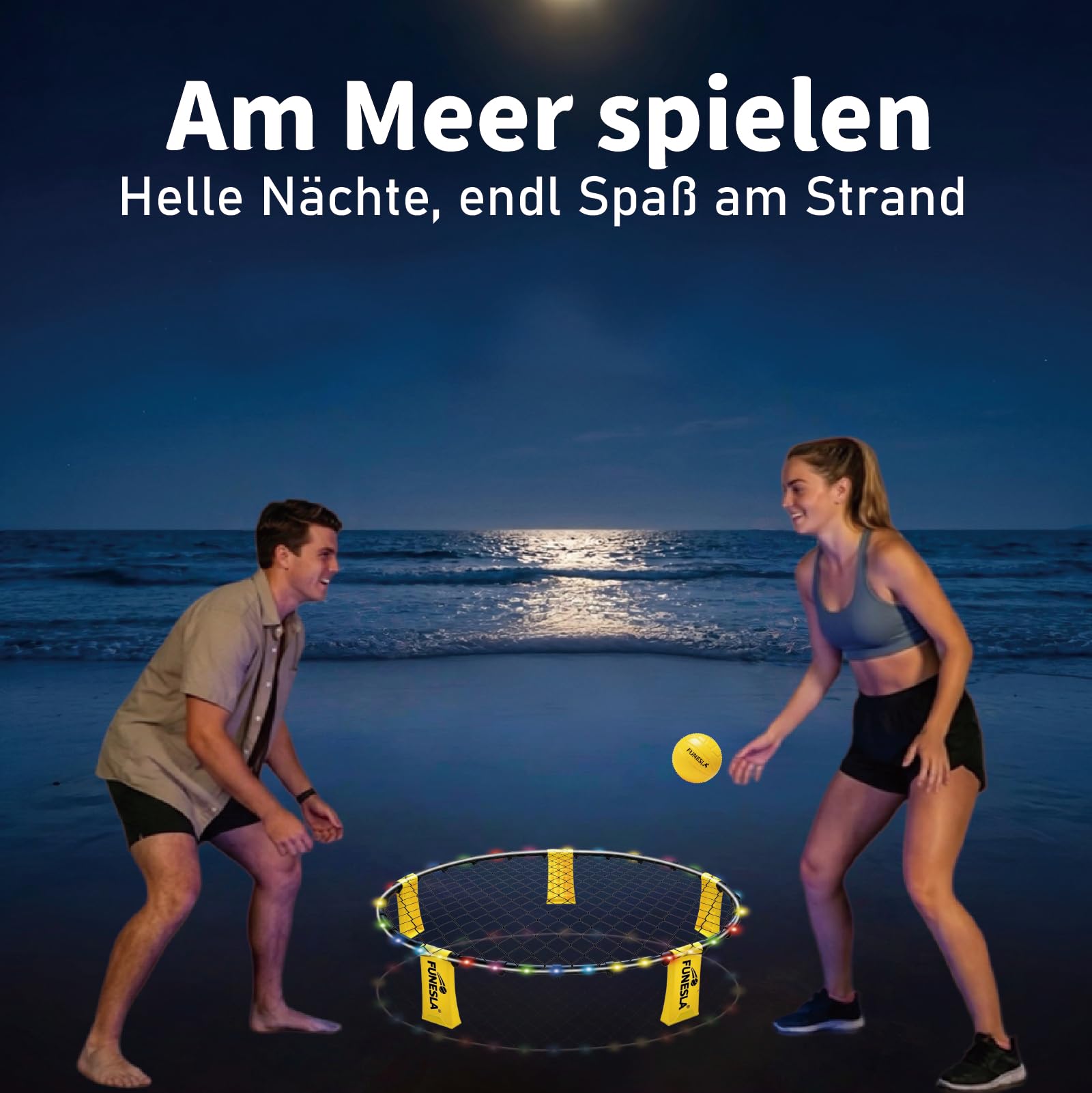 Roundnet Spiel Set 2026 – LED Leuchtversion, 2 Bälle, 7 Farben blinkend, einstellbare Netzspannung, tragbares Outdoor-Nachtspiel für Strand Garten Hof, mit verdeckter Nadelpumpe & Tragetasche