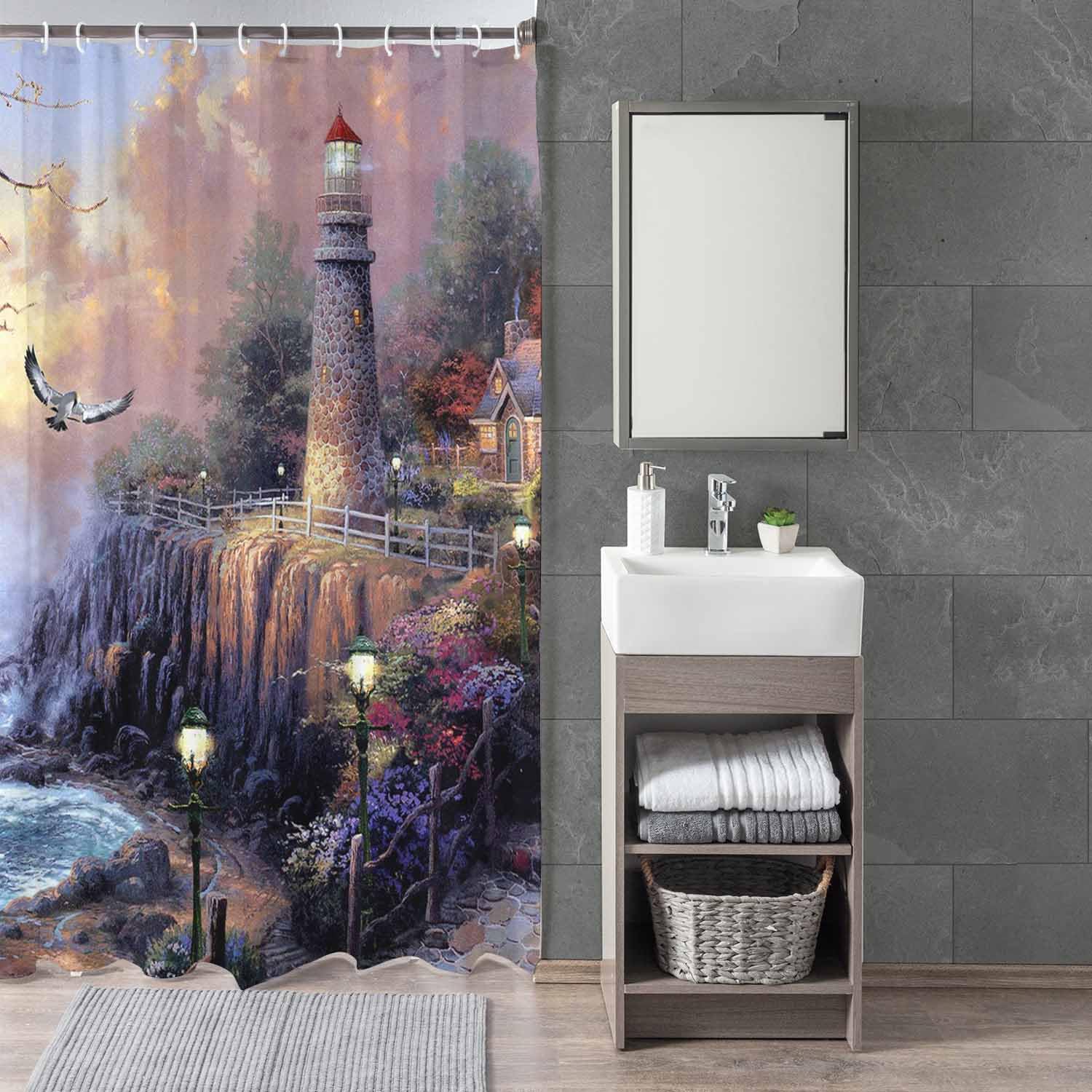Woutay Shower Curtain Mould Proof Resistant Seaside Lighthouses and Cabins Painting,Water Repellant Fabric,Polyester,with 12 Plastic Hooks,Size 180x180CM - Image 3