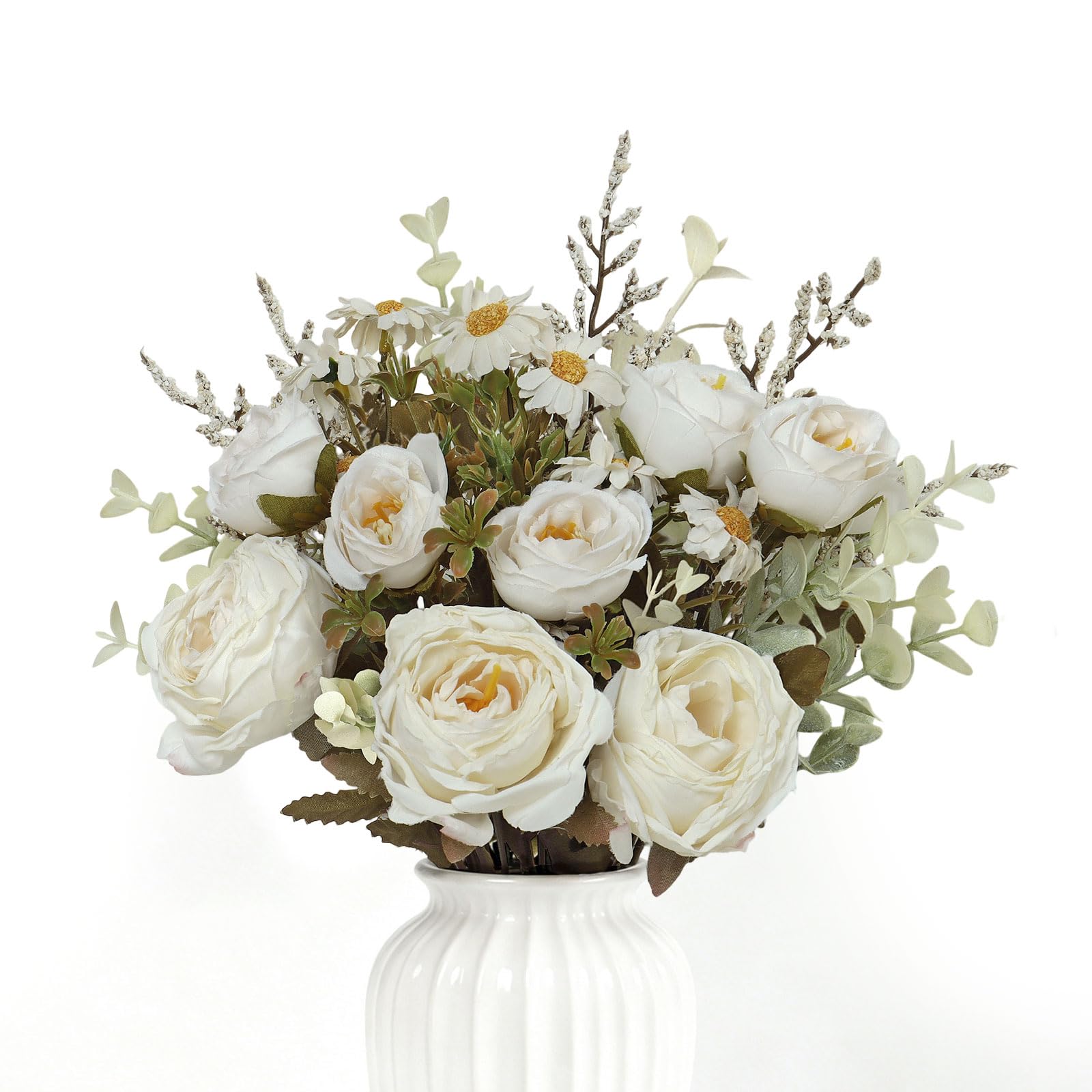 MEIVINES 3 Bunches White Artificial Flowers Fake Flowers White Rose Flowers Artificial Flower Bouquet Silk Flower Arrangement for Wedding Party Centerpiece Table Home Decor