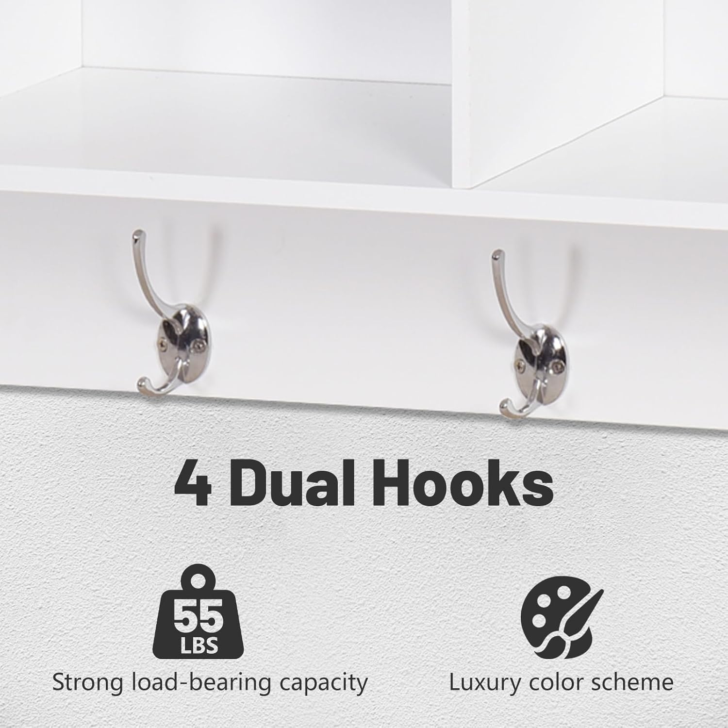 Wall Hooks with Storage Shelf Wooden Coat Rack Wall Mount with 4 Dual Hooks Entryway Hanging Shelf Backpack Key Clothes Hats Umbrellas, White