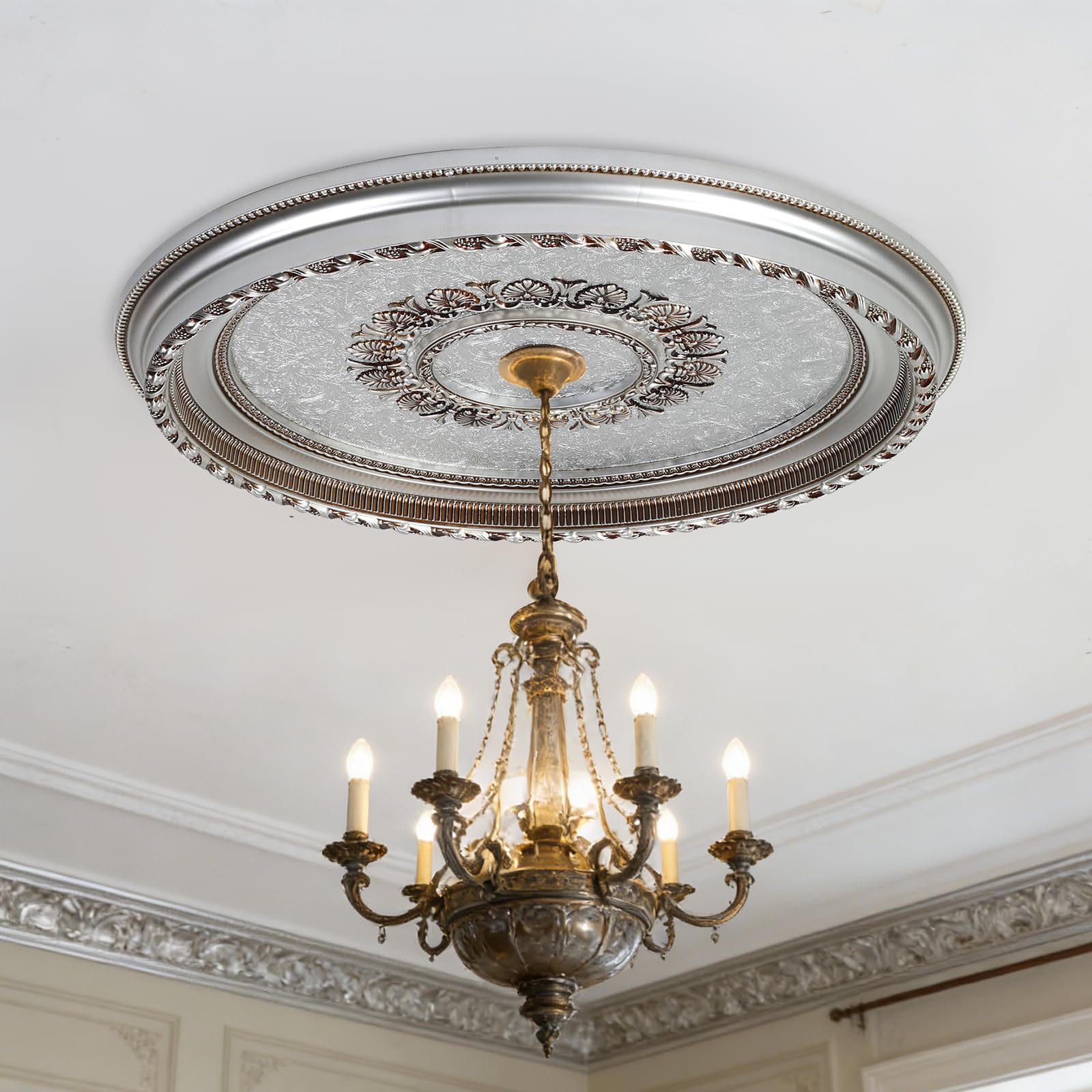 Large Ceiling Medallion, 31.5 Inch, Silver and Gold, Floral Embossed, for Light Fixtures and Chandeliers — Amazon image 5