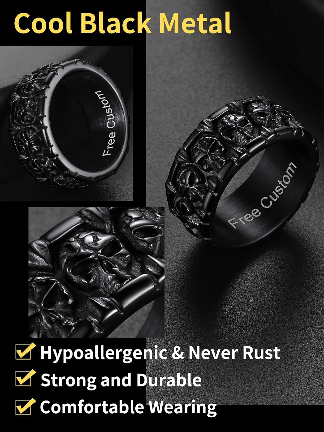 ChainsHouse Skull Rings for Men, Stainless Steel/Black Plated Gothic Rings, Skeleton Cocktail Party Biker Ring, Offer Custom Service, Size 7-14, Send Gift Box image 4