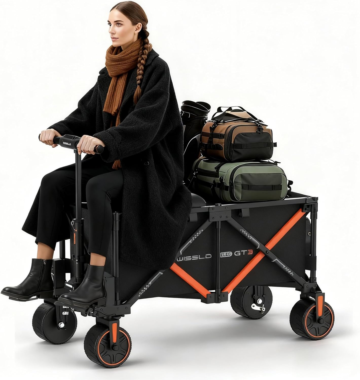 WISELD GT3 Electric Wagon Cart with Seat, Dymanic Load 551LBS/Static 771LBS All Terrain Wagon, Reverse Function, Precision Steering, 2 Modes for Shopping, Sports, Garden, Camping