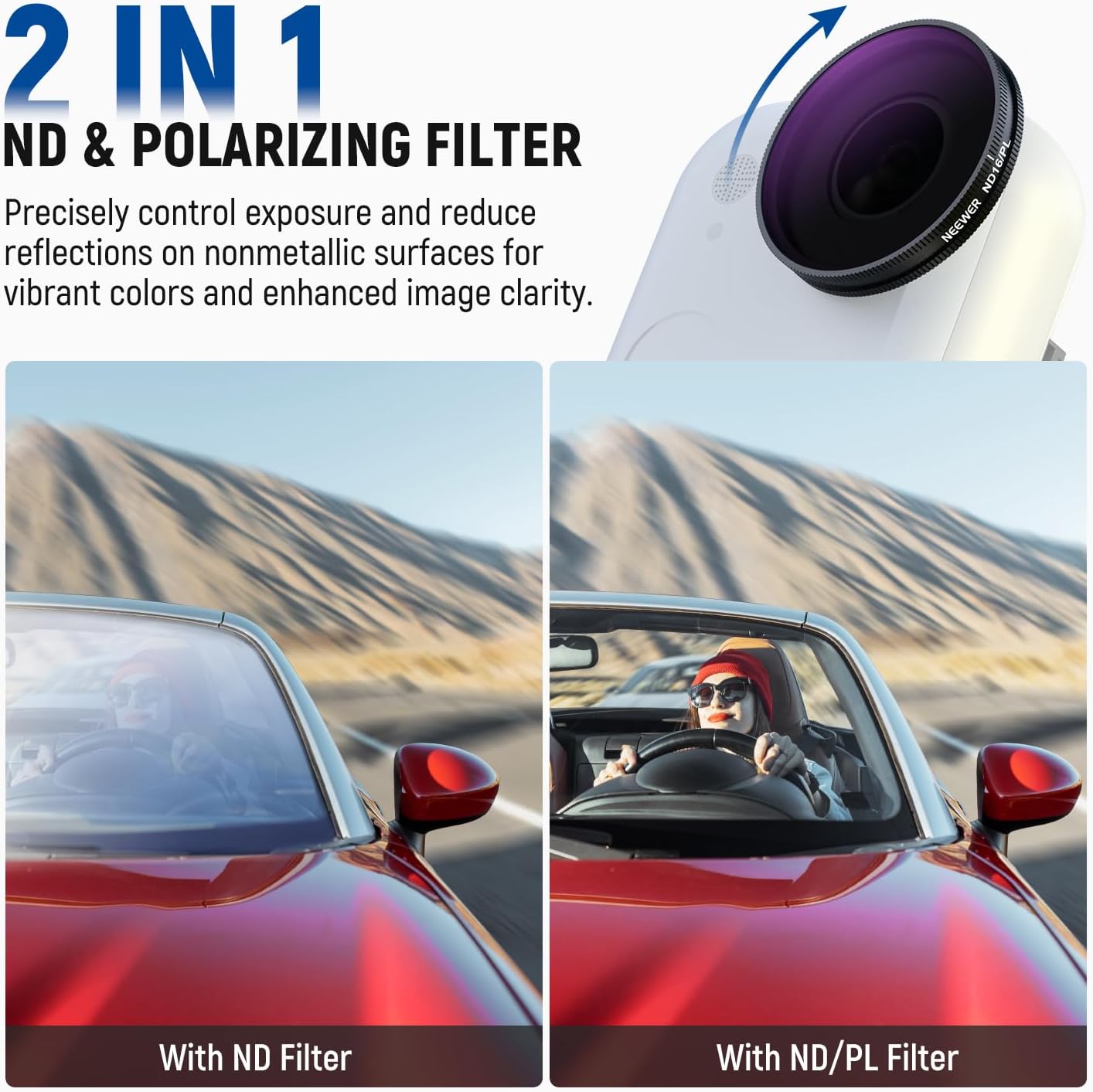 NEEWER Polarized ND Filter Set Compatible with Insta360 GO Ultra (ND8/PL ND16/PL ND32/PL ND64/PL), Screw On Neutral Density Polarizer Lens Filter HD Optical Glass Action Camera Accessories, FL-C52